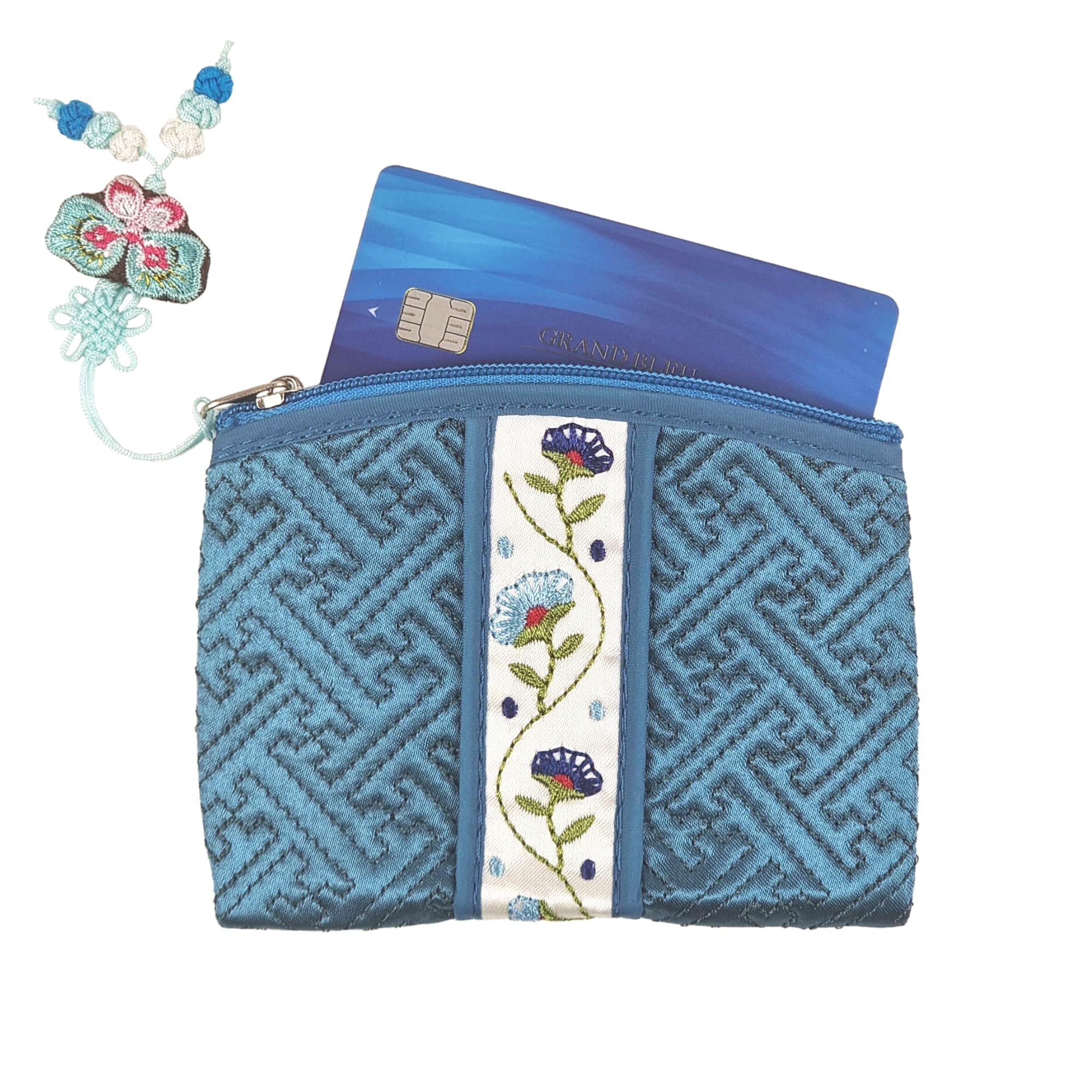 Seoulful Vintage Korean Embroidered Card Pouch - Wildflower Design Coin Purse with Butterfly Charm - Traditional Korean New Year's Gifts (Mint)