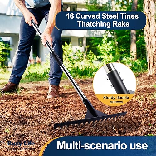 Miniatura 3 de Yocada Rastrillo de paja de acero de 15.7 pulgadas, rastrillo de paja para césped resistente, herramienta de aseo para jardín, patio, aflojamiento