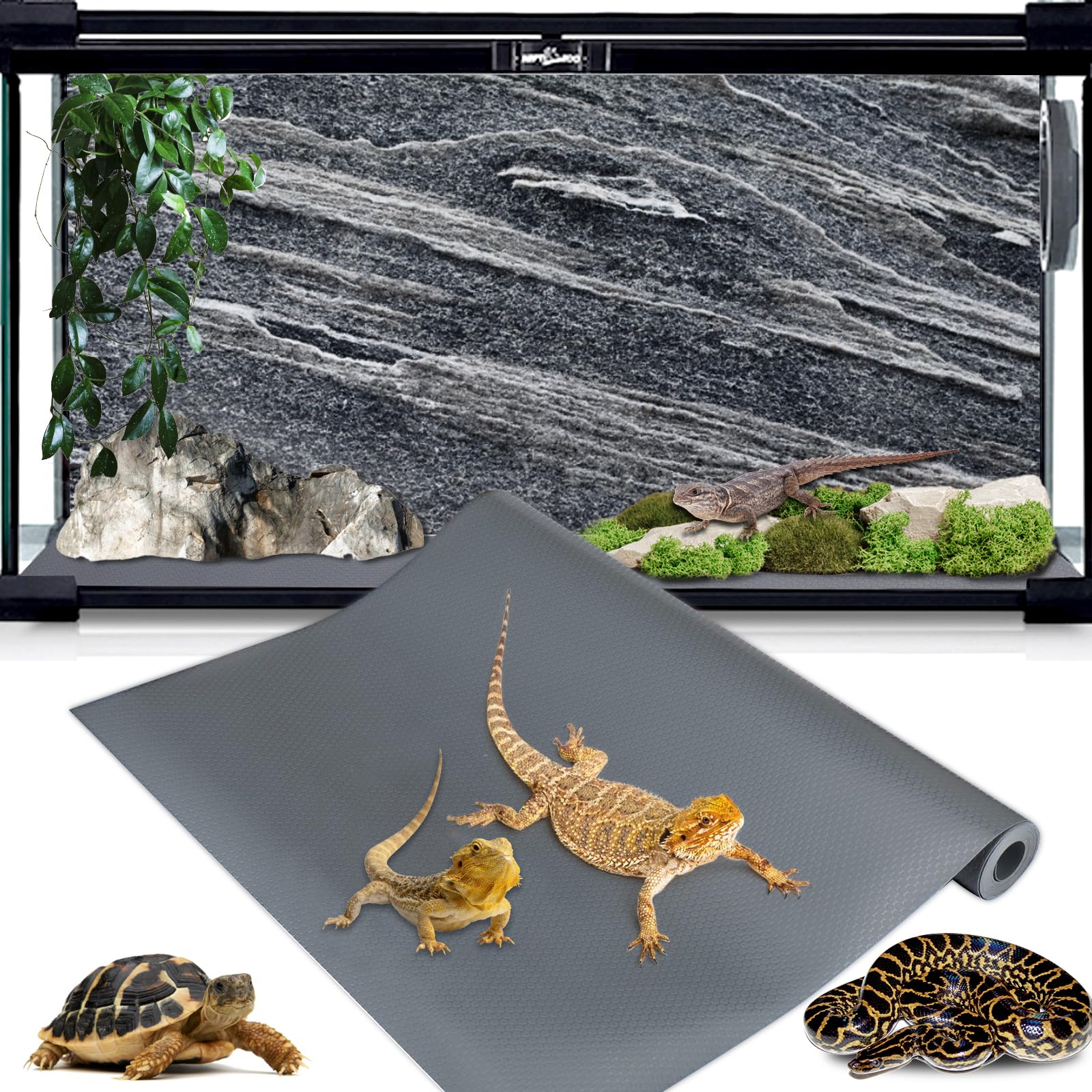 Bearded Dragon Tank Accessories, 120 Gallon Reptile Terrarium Liner Mat, 96" X 24" Reptile Flooring Substrate for 4x2x2 Reptile Enclosure, Reptile Bedding Carpet for Gecko,Lizard,Snake,Tortoise, Grey