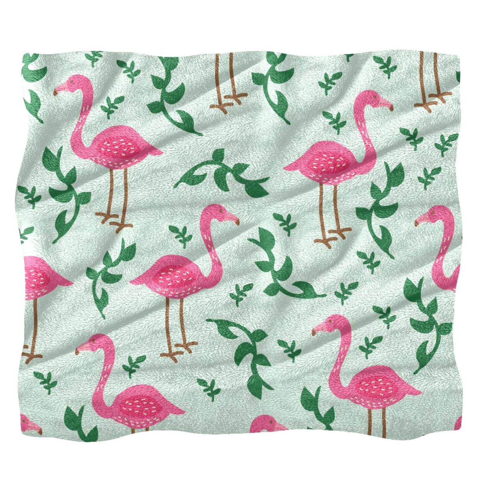 Couverture polaire motif feuilles tropicales et flamant rose en tissu doux premium pour lit