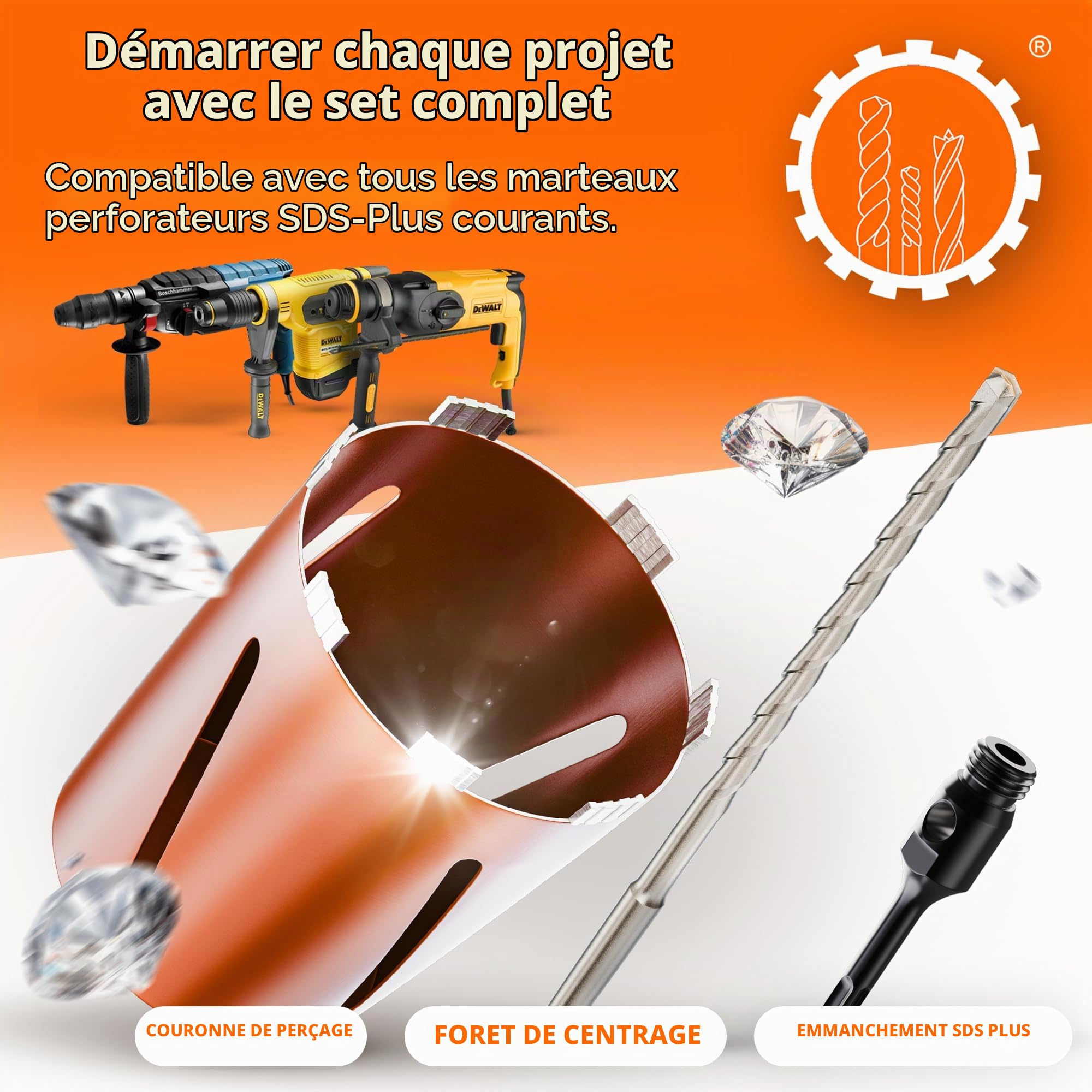Couronne de forage diamantée avec emmanchement SDS PLUS Longueur utile 180 mm Diamètre 162 mm