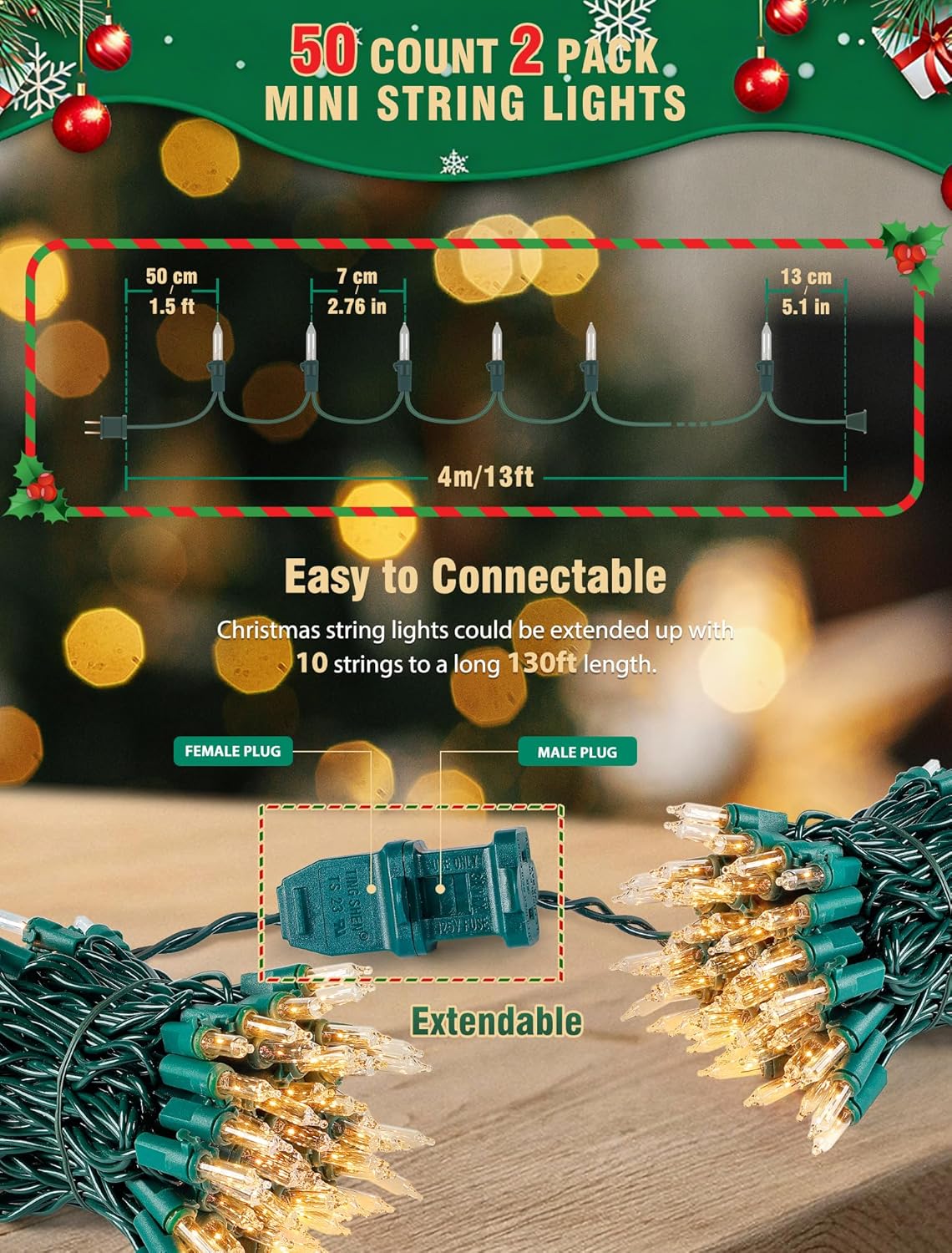 Hopolon Clear Christmas Lights Set 2 Pack 50 Count 13 Feet Incandescent Bulb Green Wire Mini String Lights for Indoor Outdoor Christmas Tree Garland Birthday Wedding Festival Decoration, Warm White - Image 5