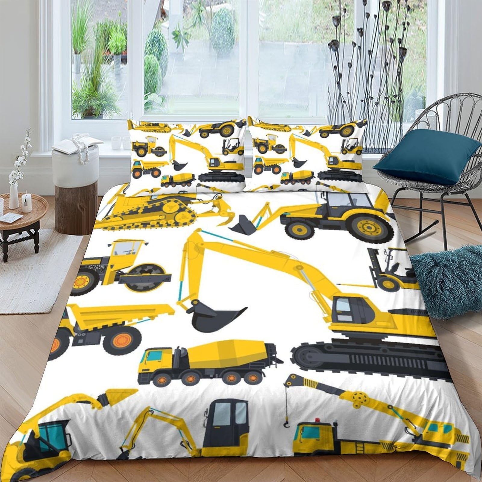 GPLZQXKJNH 3D Printed Construction Vehicles Duvet Cover Microfiber Soft Yellow Excavator Bedding Set with 2 Pillowcases for Bedroom Decor Single（135x200cm）