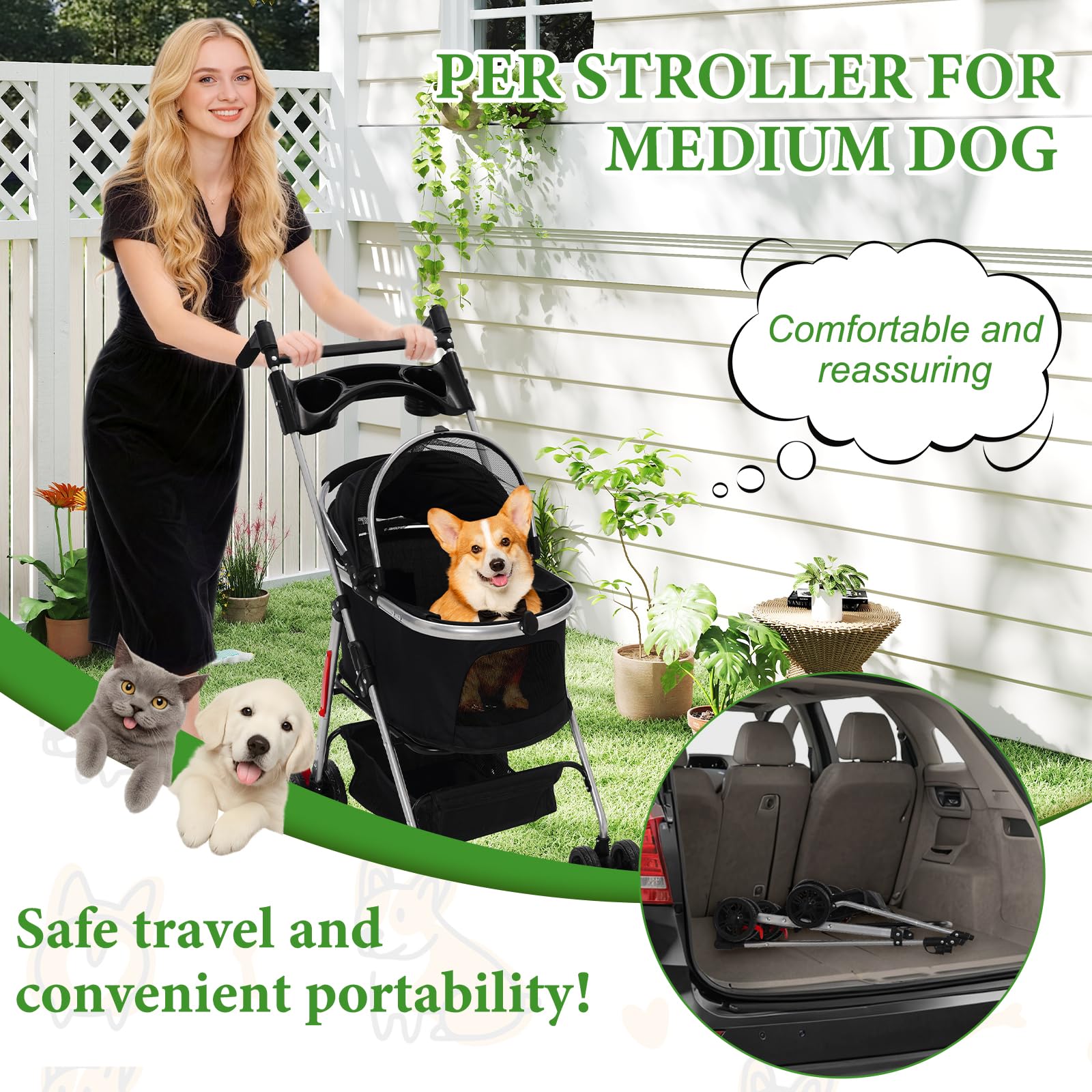 HOMCENT Passeggino 3 in 1 per cani di taglia media, passeggino pieghevole con seggiolino auto rimovibile, capacità 20 kg, ruote a 360°, manico regolabile, multi spazio per gatti e cani (nero)