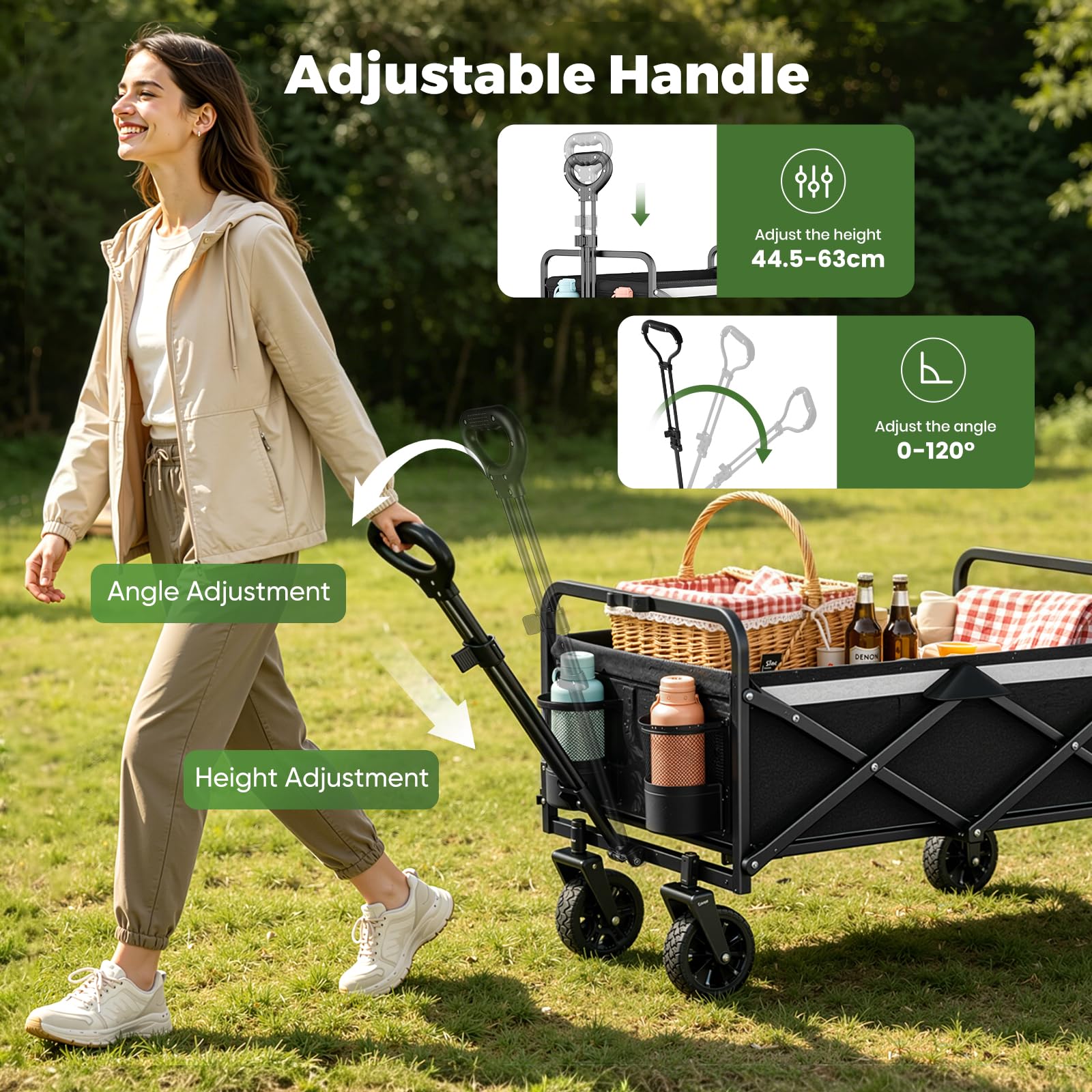 Carrello pieghevole da 70 l, tessuto Oxford 600D, carrello da giardino con ruote, manico regolabile, per campeggio, picnic, spiaggia