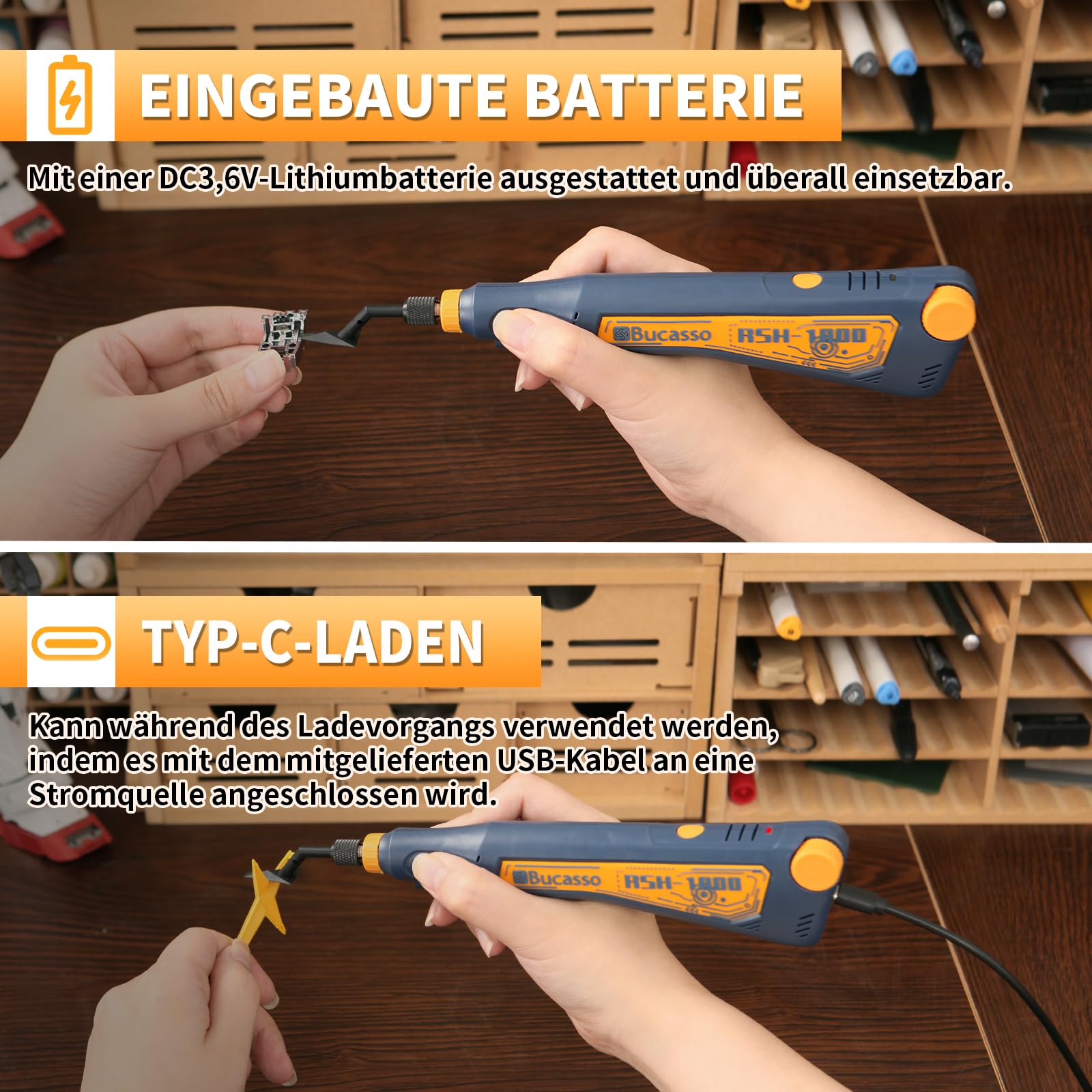 Hubschleifer, variable Drehzahl und USB-Aufladung mit LED-Licht, Stiftschleifer mit 6 Schleifköpfen, geeignet zum Schleifen, Polieren, Finishen und für DIY-Projekte (BLAU)