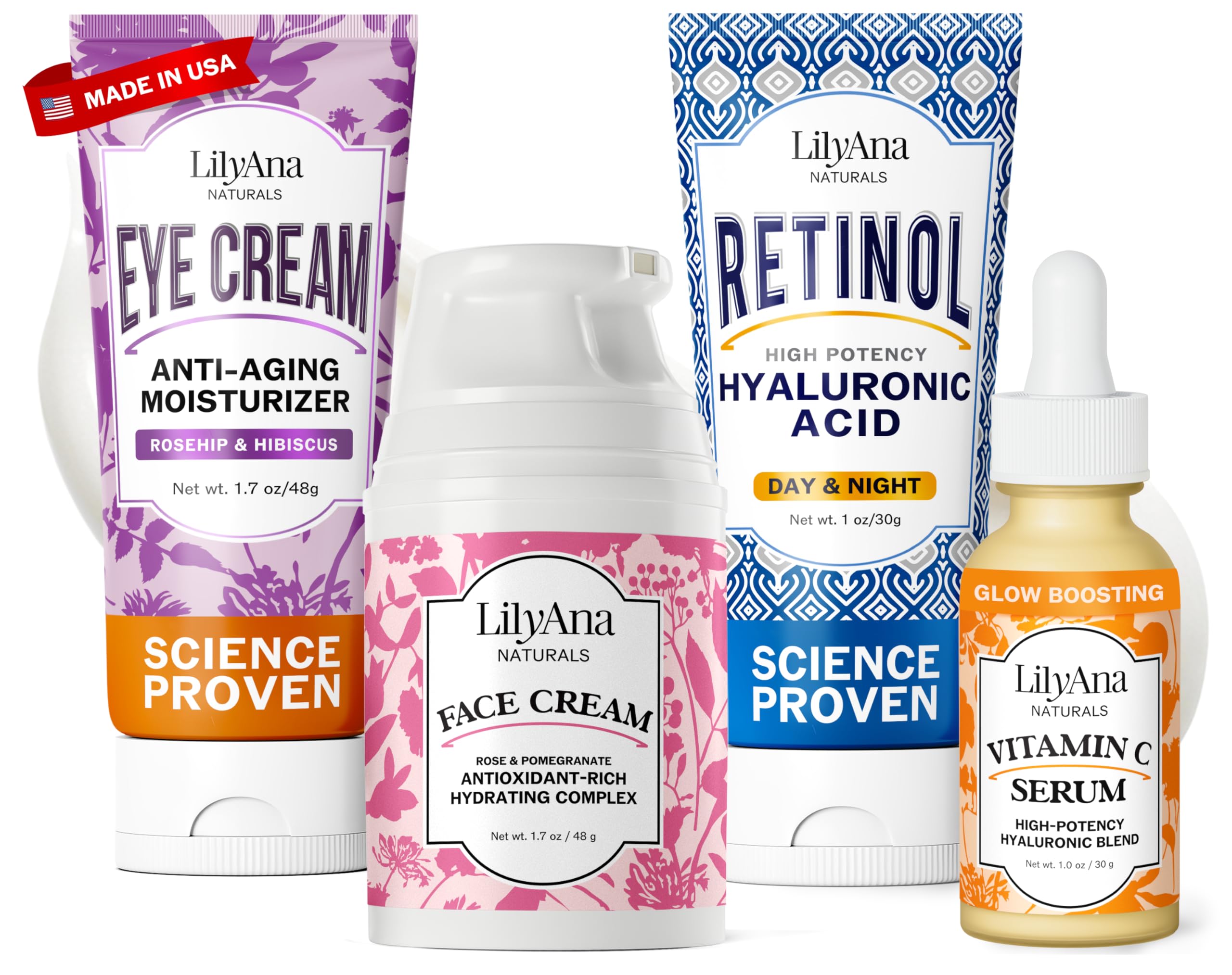 LilyAna Naturals Skincare Gift Set - Retinol Cream, Vitamin C Serum, Eye Cream and Face Cream Moisturizer - Anti Aging Skin Care Sets for Women