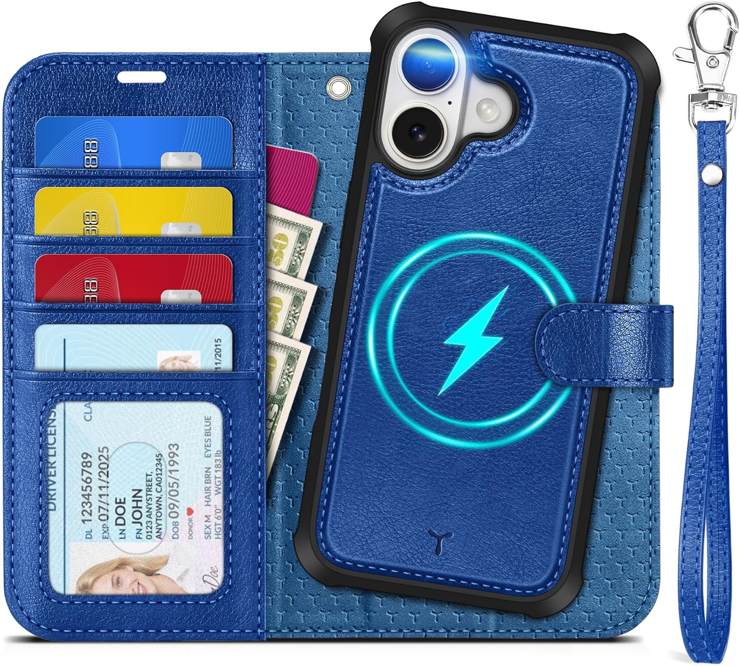 TUCCH 2-in-1 Detachable Wallet Case for iPhone 17 (6.3-inch) 2025, RFID Blocking 4 Card Slot | Wireless Charging | Wrist Strap | Kickstand | Magnetic | PU Leather | Protective Flip Cover | Klein Blue for iPhone 17 Textured Klein Blue