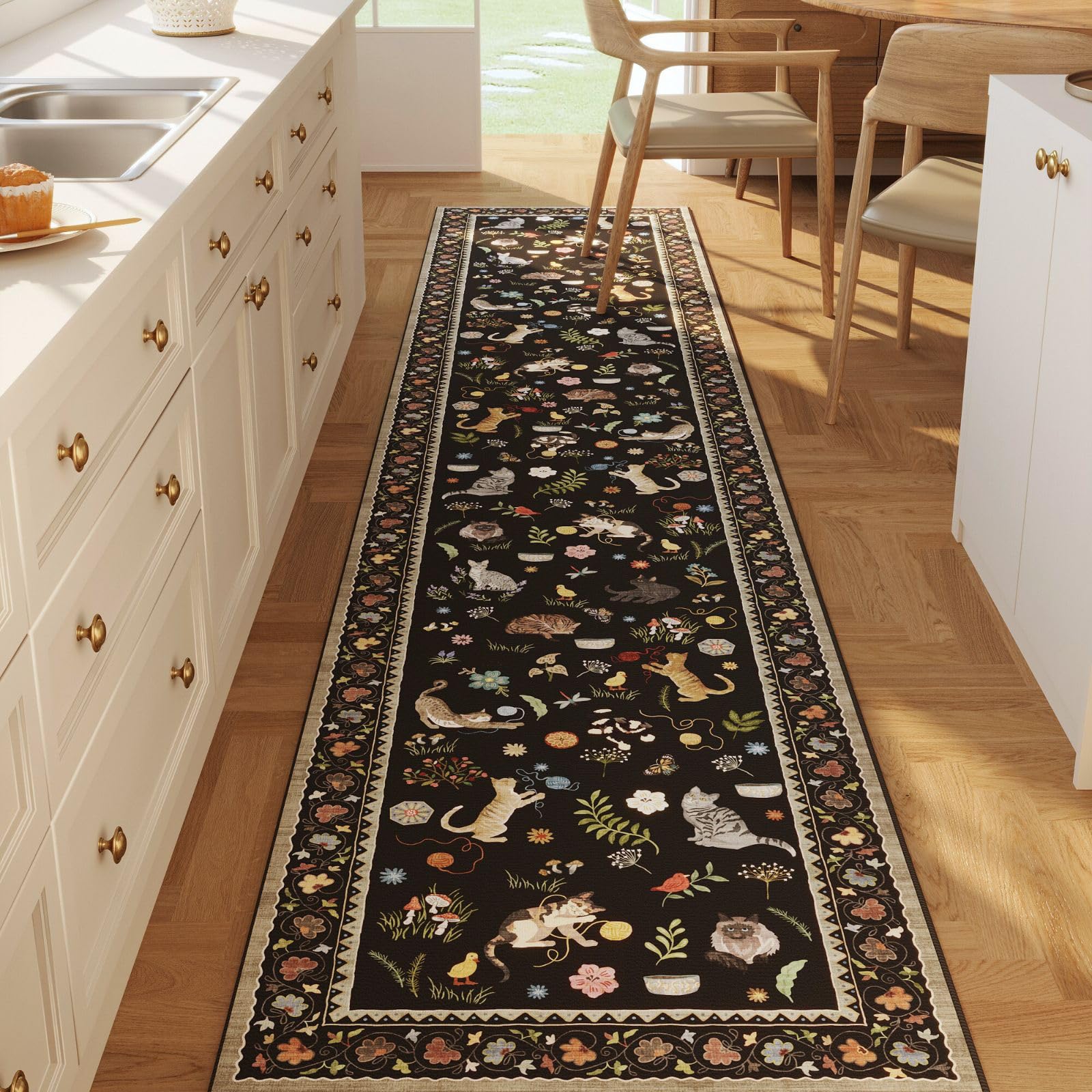 Rugcomf 2'7"x12' Kitchen Runner - Floral Cat Washable Long Hallway Runner Rug Non Slip, Boho Carpet for Entryway, Hall, Bathroom - Black
