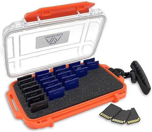 SD Card Holder by Proven Wild | Durable, Waterproof SD Card Case | SD Card Holder Case Holds 35 SD Cards Upright | Standard Memory Card Holder for DSLR & Trail Camera SD Cards, (Orange)