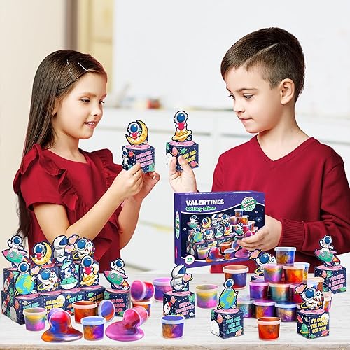Miniatura 6 de SURCVIO Paquete de 28 regalos para el día de San Valentín para niños, slime de galaxia con caja de tarjetas de felicitación, juguete para aliviar el