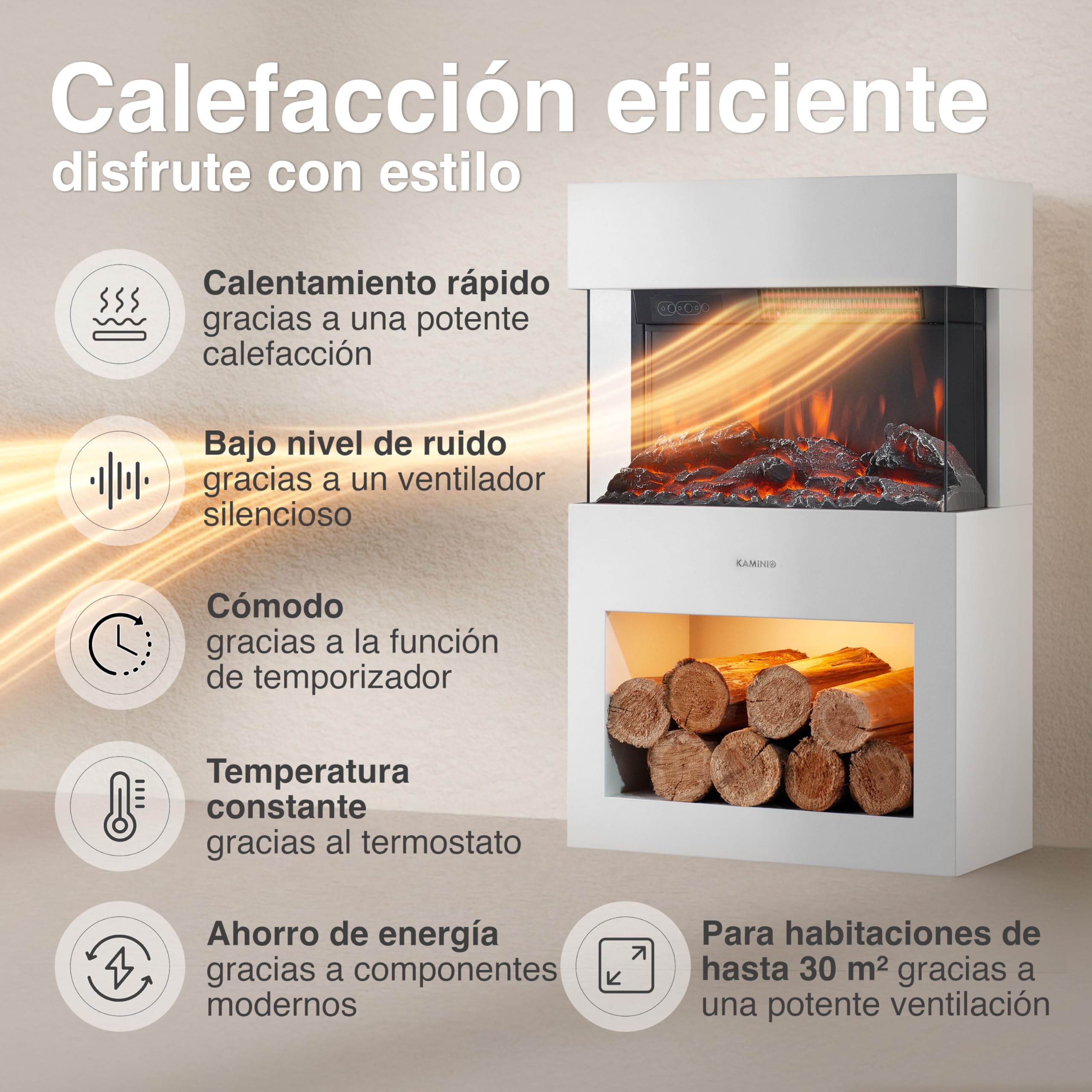 KAMINIO Eléctrica Chimenea Henri - Estufa de Chimenea eléctrica con calefacción, Efecto Llama 3D, LED, Control Remoto Blanco