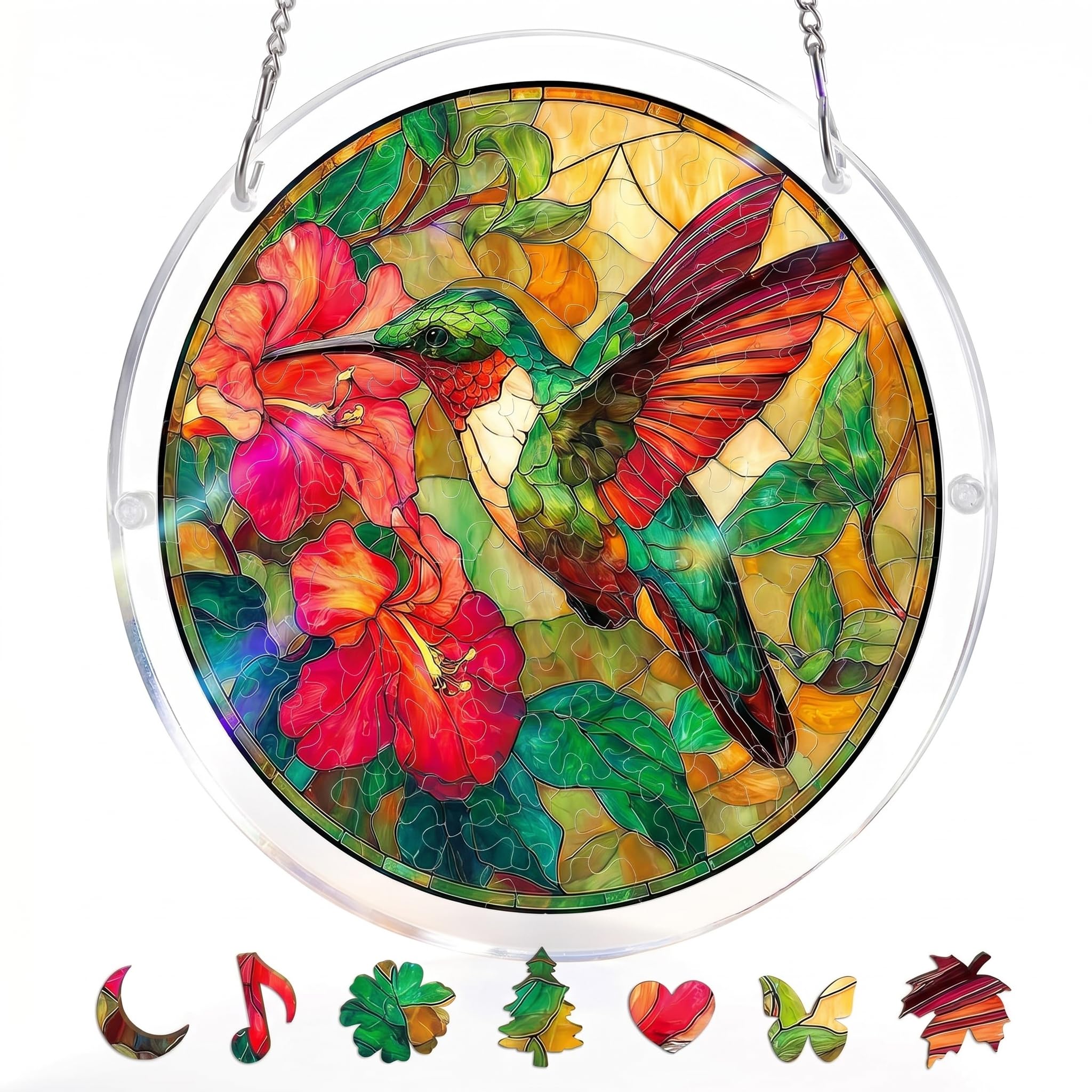 Acrylic Jigsaw Suncatcher for Windows, Hummingbird DIY Puzzle Window Hanging, Radiant Stained Glass Effect Rainbow Maker, Craft Kit Home Decor Art Gift for Women, Mum, Birthday (7.4") (Hummingbird)