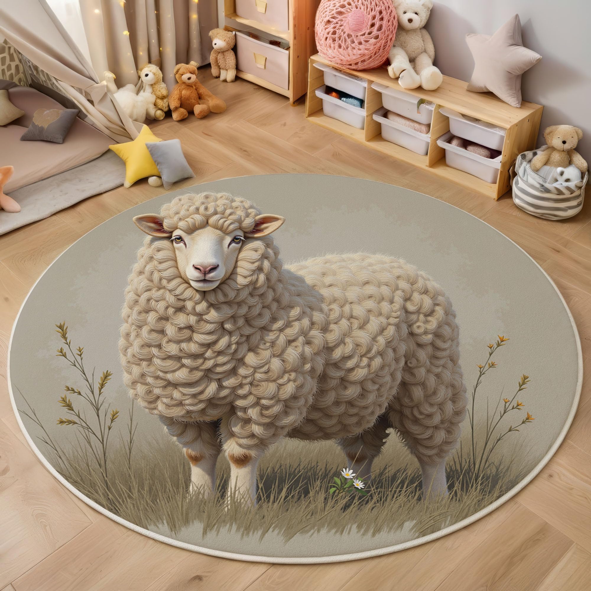 Tapis rond salon classique shaggy beige à motif animalier rural 60 cm