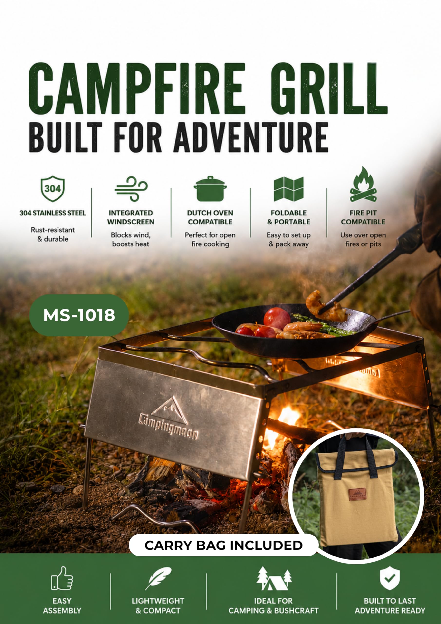 Campingmoon MS-1018 tragbarer Lagerfeuer-Grill aus 304 Edelstahl, für Dutch Oven Kochgeschirr mit Windschutzscheibenbeinen und Tragetasche