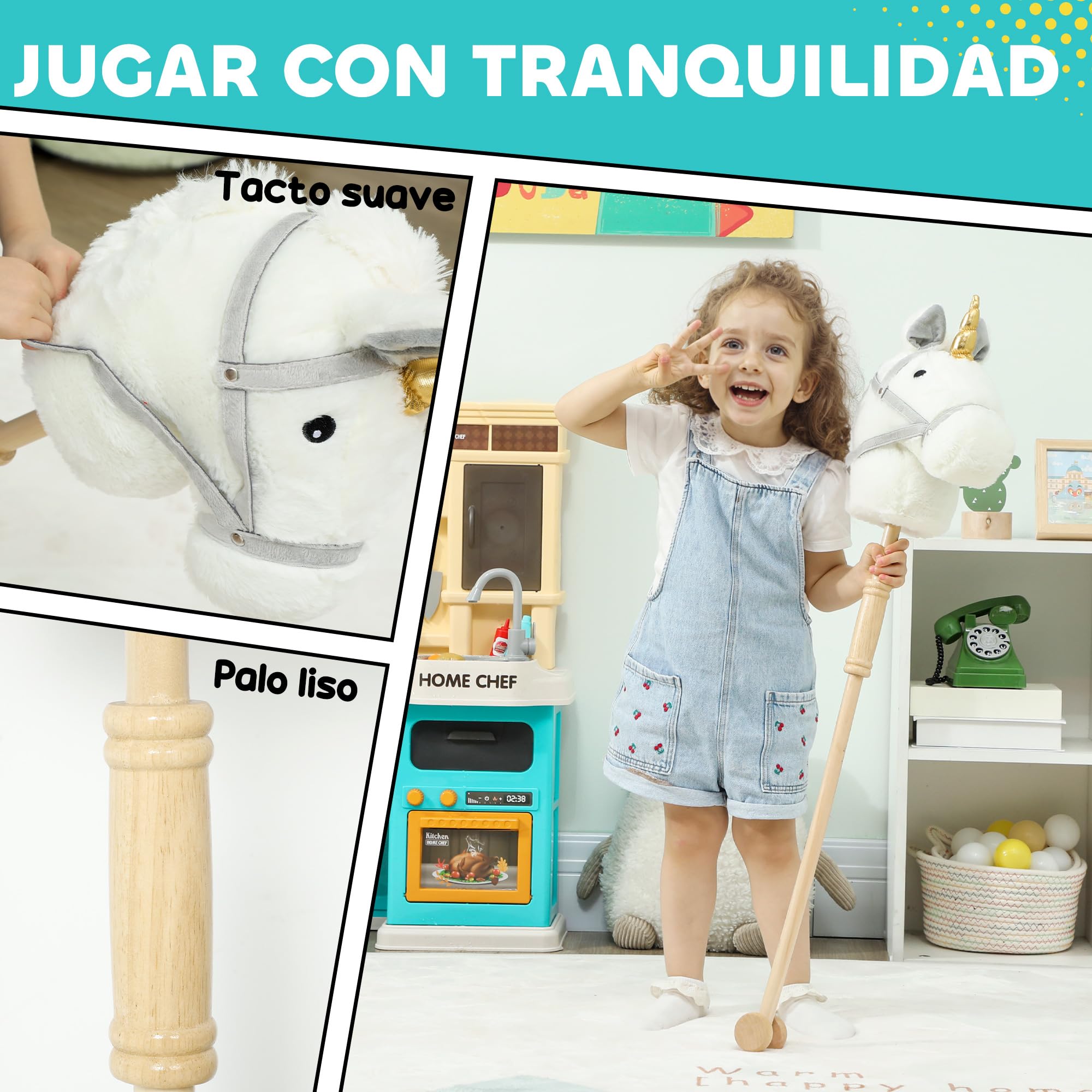 AIYAPLAY Cabeza de Caballo con Palo de Madera, Diseño Unicornio, Sonidos y Ruedas, Caballo de Juguete, 95 cm de Altura, Blanco
