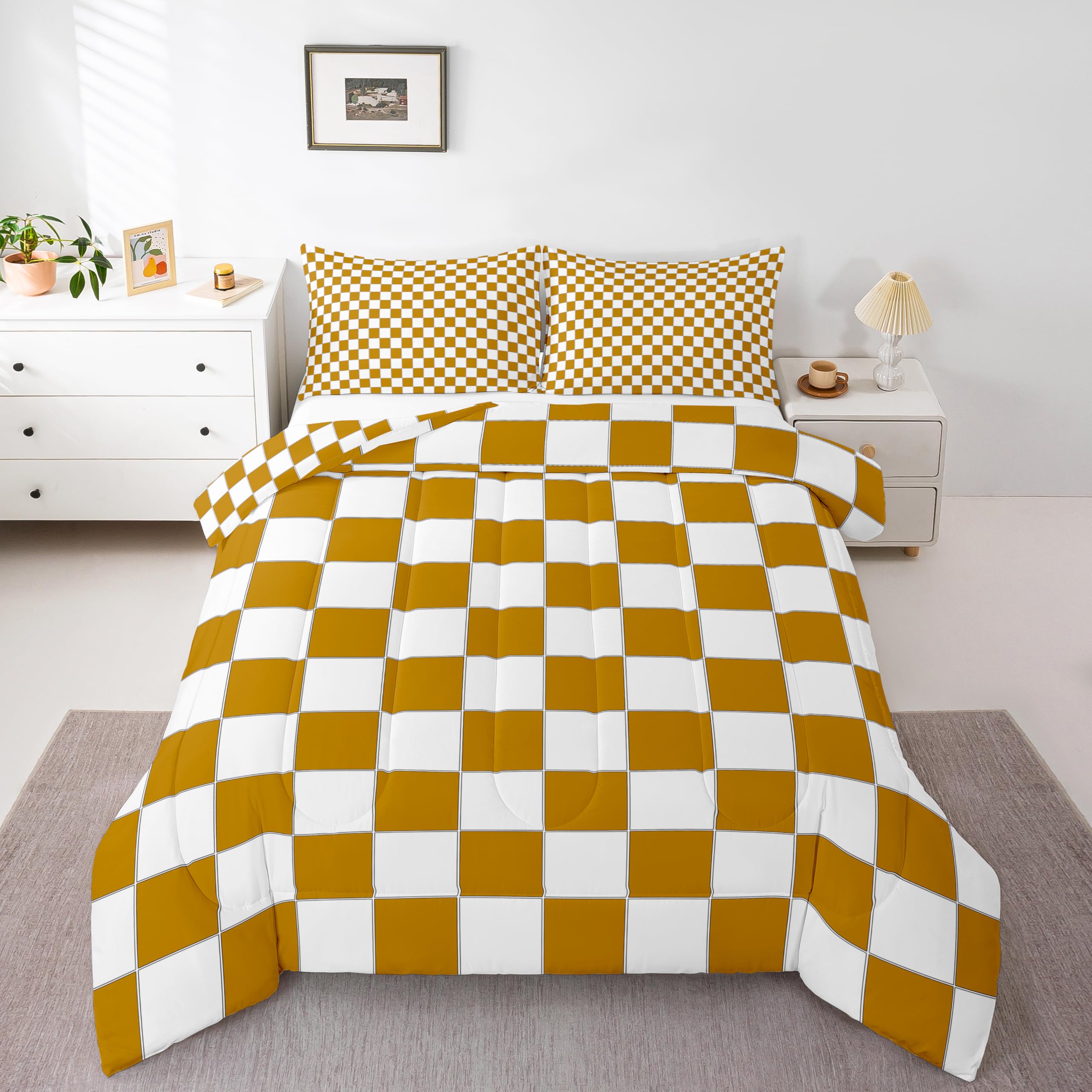 Erosebridal White Yellow Checkered Bedding Set Buffalo Plaid Grid Comforter Set Full for Kids Teen Adults Checkerboard Quilt Set Aesthetics Geometric Gingham Duvet Set Modern Room Decor