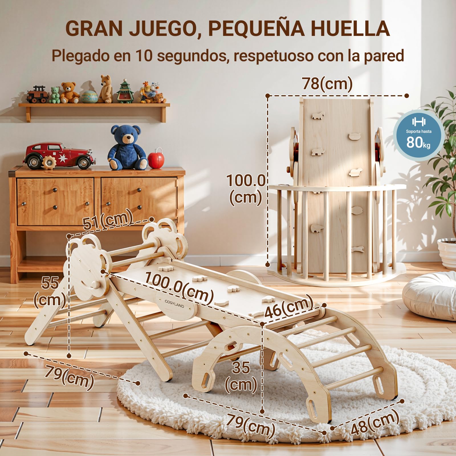 COSYLAND 8 en 1 Triángulo de Escalada Montessori con Arco y Rampa, Set Plegable Infantil, Juguete de Madera Resistente para Interior, Niños 18 Meses-6 años, Natural/Madera Clara, Grande — view 8