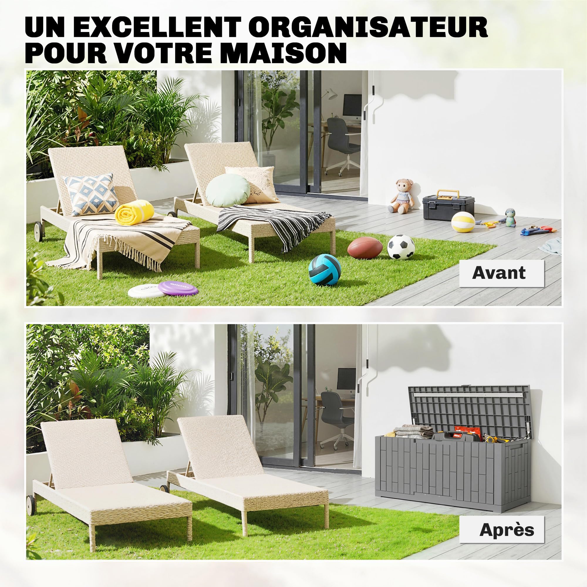 Outsunny Coffre de Rangement Extérieur 379 L Verrouillable avec Vérin à Gaz, Boîte de Jardin en Aspect Bois Résistant aux UV, pour Outils Accessoires, 122,5x56x62cm, Gris