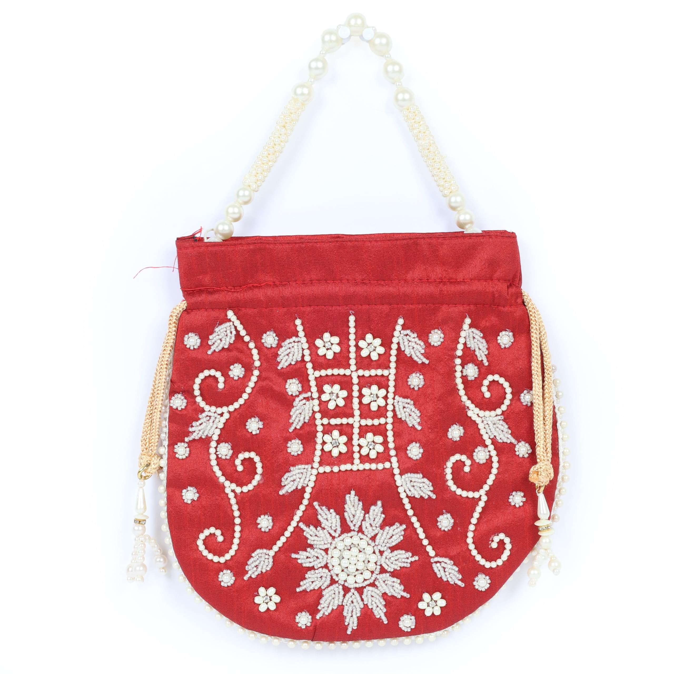 natriel Handcrafted Pearl Potli Bag, Red Silk Embroidered Wristlet with Pearl Beaded Handle and Floral Design-picture-54