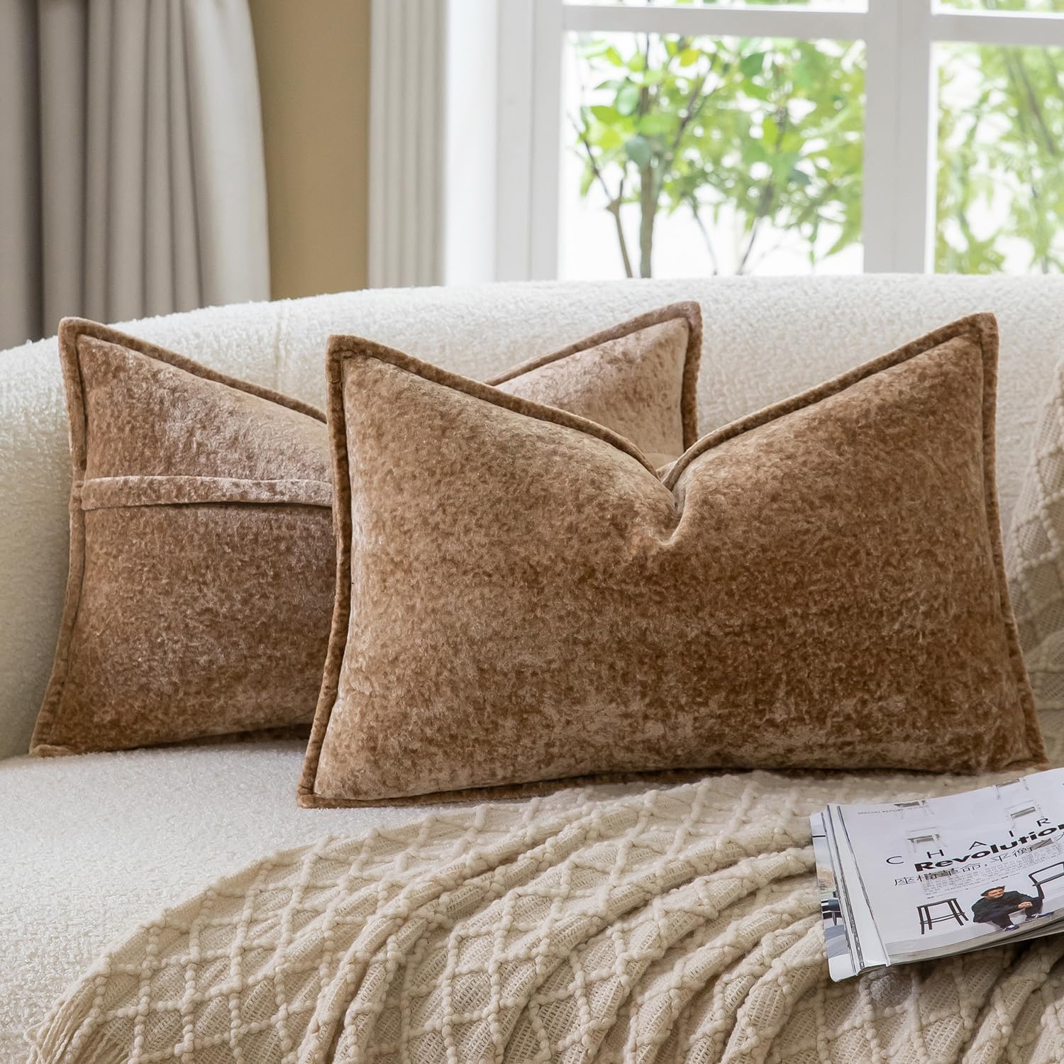 Madizz Decorative Vintage Chenille Cushion Covers Pack of 2 Plaid Couch Pillows Neutral Boho Farmhouse Pillow Cases Home Decor for Couch Sofa Bedroom Living Room 30x50 CM, Light Brown