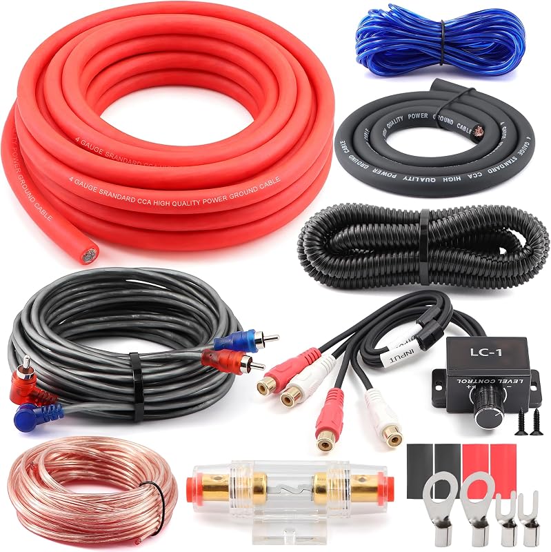 4 Gauge Car Amp Wiring Kit 1200W with LC-1 RCA Remote Bass Control Knob | Complete RCA, Speaker Wire & Fuse Kit,Stops Static Noise & Power Loss for DIY Car Audio Upgrades Installation