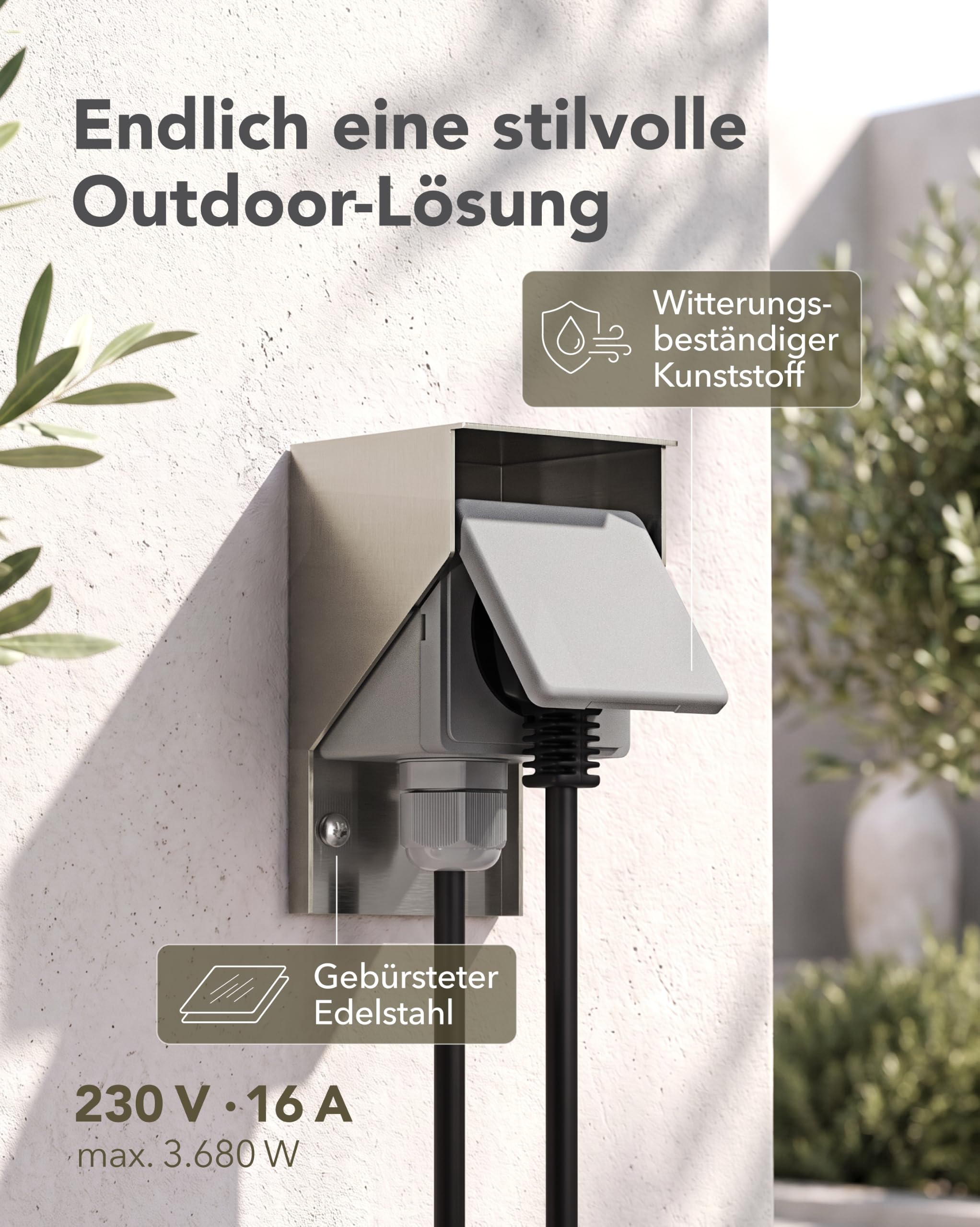 ledscom.de 2x Aufputz Steckdose PIWI für außen und 2m Kabel, IP44, 1-fach, edelstahl