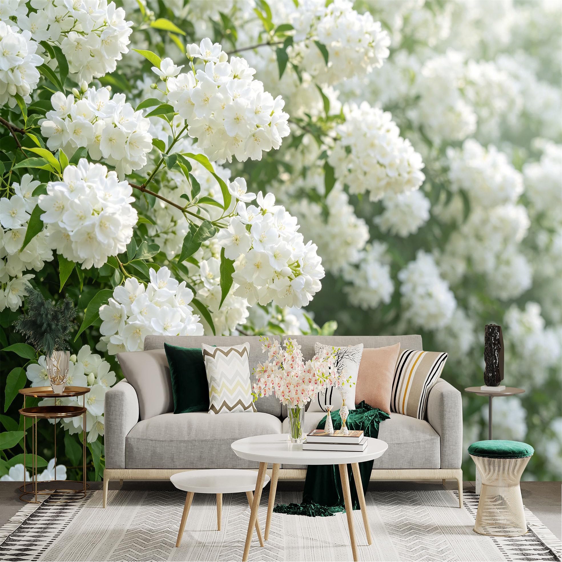 Lnzczhyre Dbh260521056 Custom Size Wall Sticker Mural， White Jasmine Flowers， Blooming Spring Garden， Natural Floral Scenery， For Wall Decoration， Peelandstick Wall Decals.