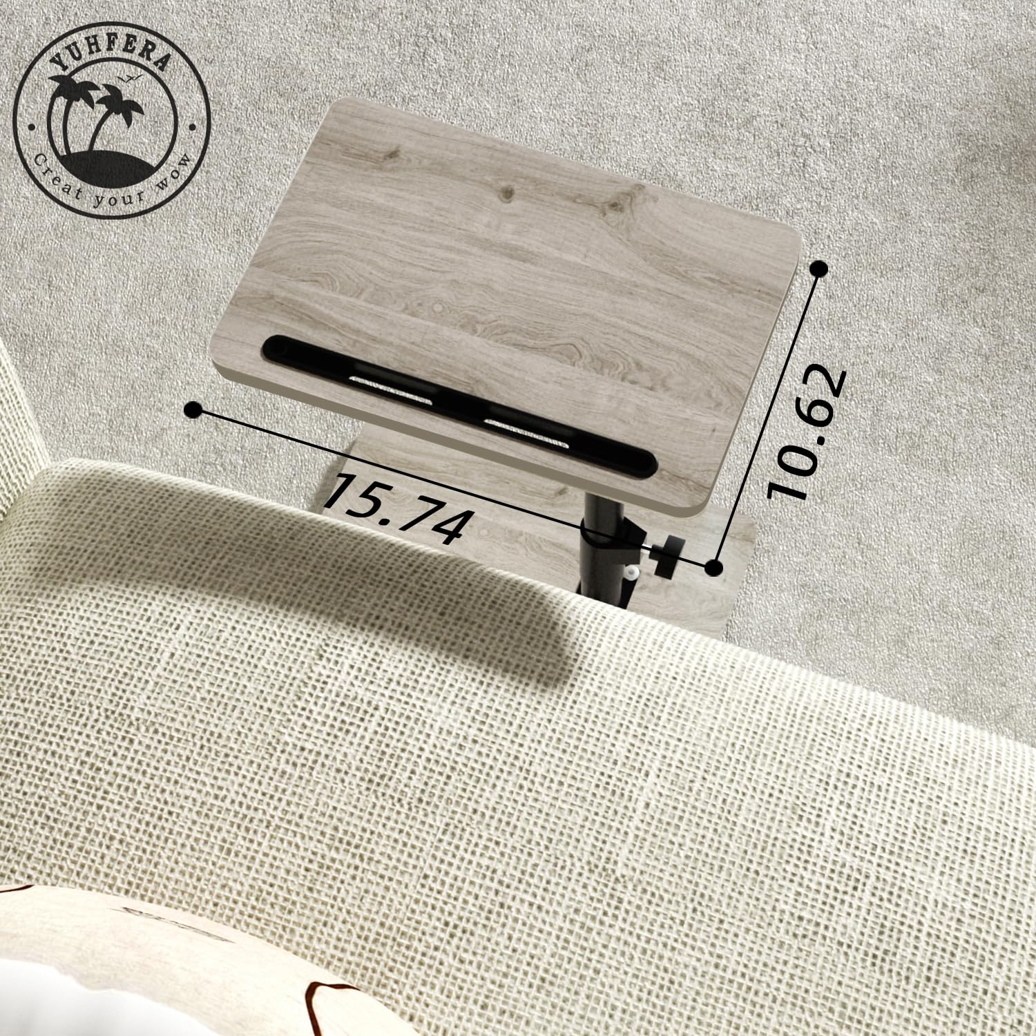 YUHFERA Couch Side Table - 360°Swivel Height Adjustable End Table,Sofa Armrest Tray Table,Snack Side Table for Bed or Chair with Phone & Tablet Slot,Gray Standard - Image 4