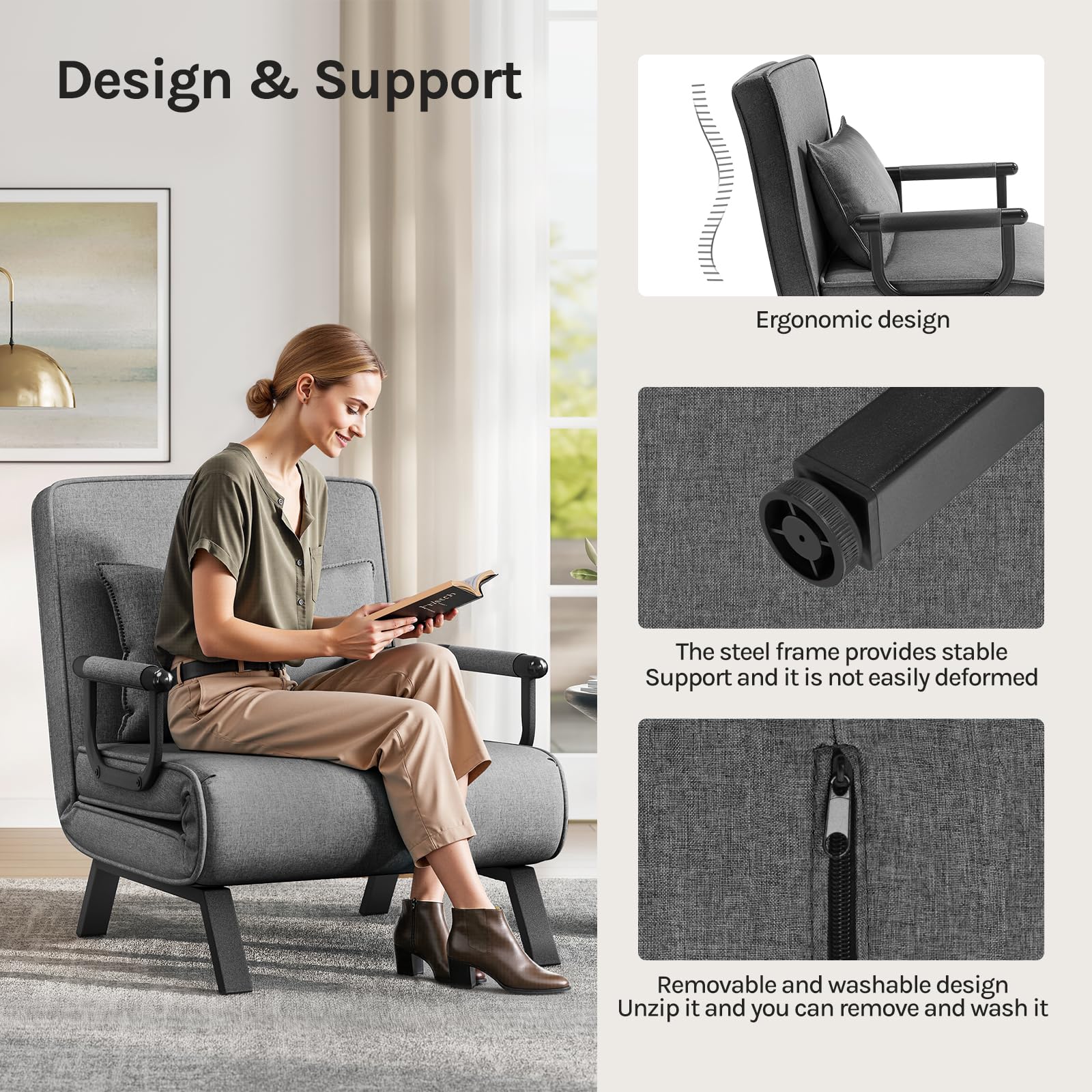 WOLTU Poltrona Relax Reclinabile Convertibile, Divano Letto Trasformabile 3 in 1, con Schienale Regolabile in 5 Posizioni, Cuscino Rimovibile, Seduta Imbottita, 80x74x82cm, Grigio Scuro