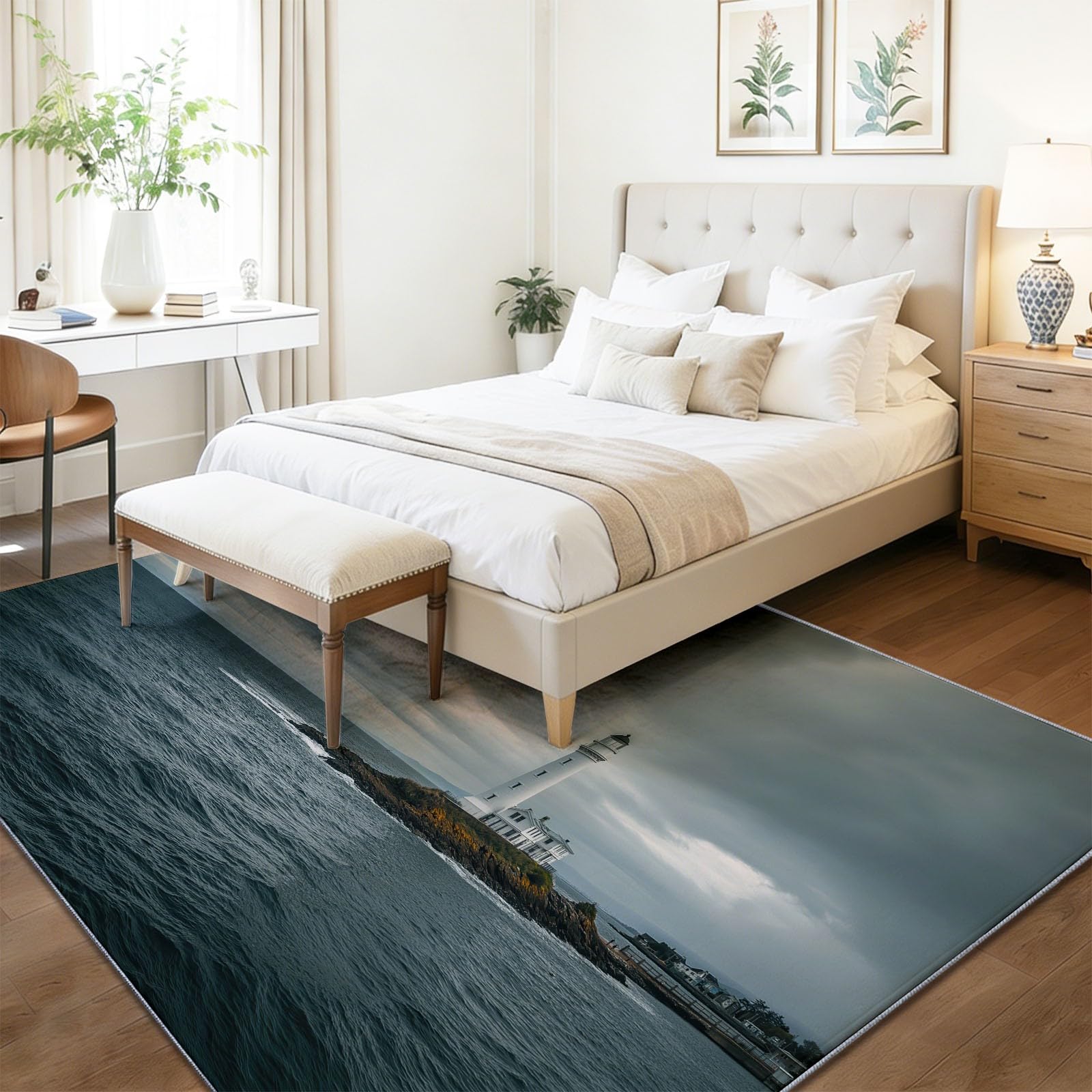 Époque Moderne Phare Mer Tapis Doux à Poils Ras, Gris 80 x 150 cm Lavable en Machine Antidérapant Tapis pour Salon Chambre Cuisine Chaise Enfants Chambre