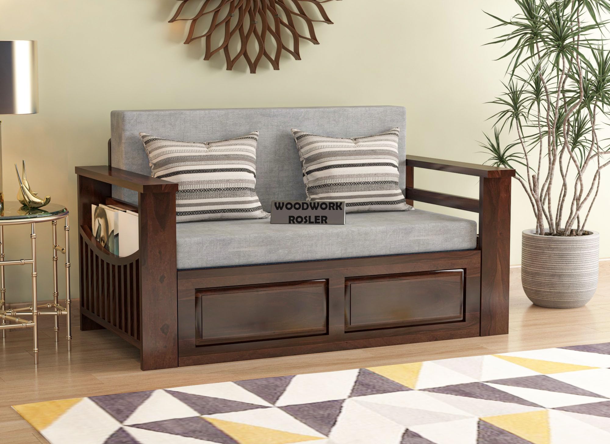 ROSLER WOODWORK Solid Sheesham Wooden Sofa Cums Bed with Mattresses for Living Room | Rosewood 2 Seater Sofa Cums Bed for Bedroom Without Pillow (A-Walnut)-image-5