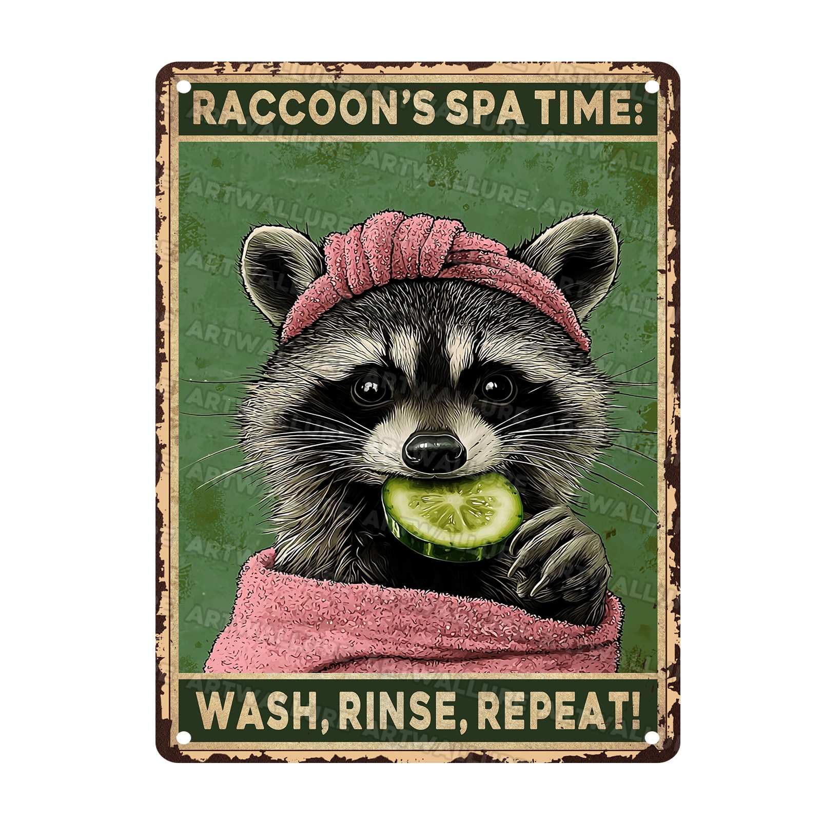 Funny Raccoon Metal Tin Plaque Raccoons Spa Time Wash Rinse Repeat Rustic Wall Decor Vintage Bathroom Art Humorous Toilet Sign Retro Poster 12x16Inch
