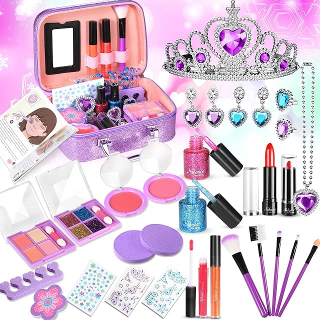 Nabance Makeup Toy Set for Little Girls, 34 PCS Washable Non-Toxic Cosmetic Set with Makeup Box, Booklet, Crown, Necklace, Earring Rings, for 4 5 6 7 8 9 10 Year Old Girl Christmas Birthday Gifts