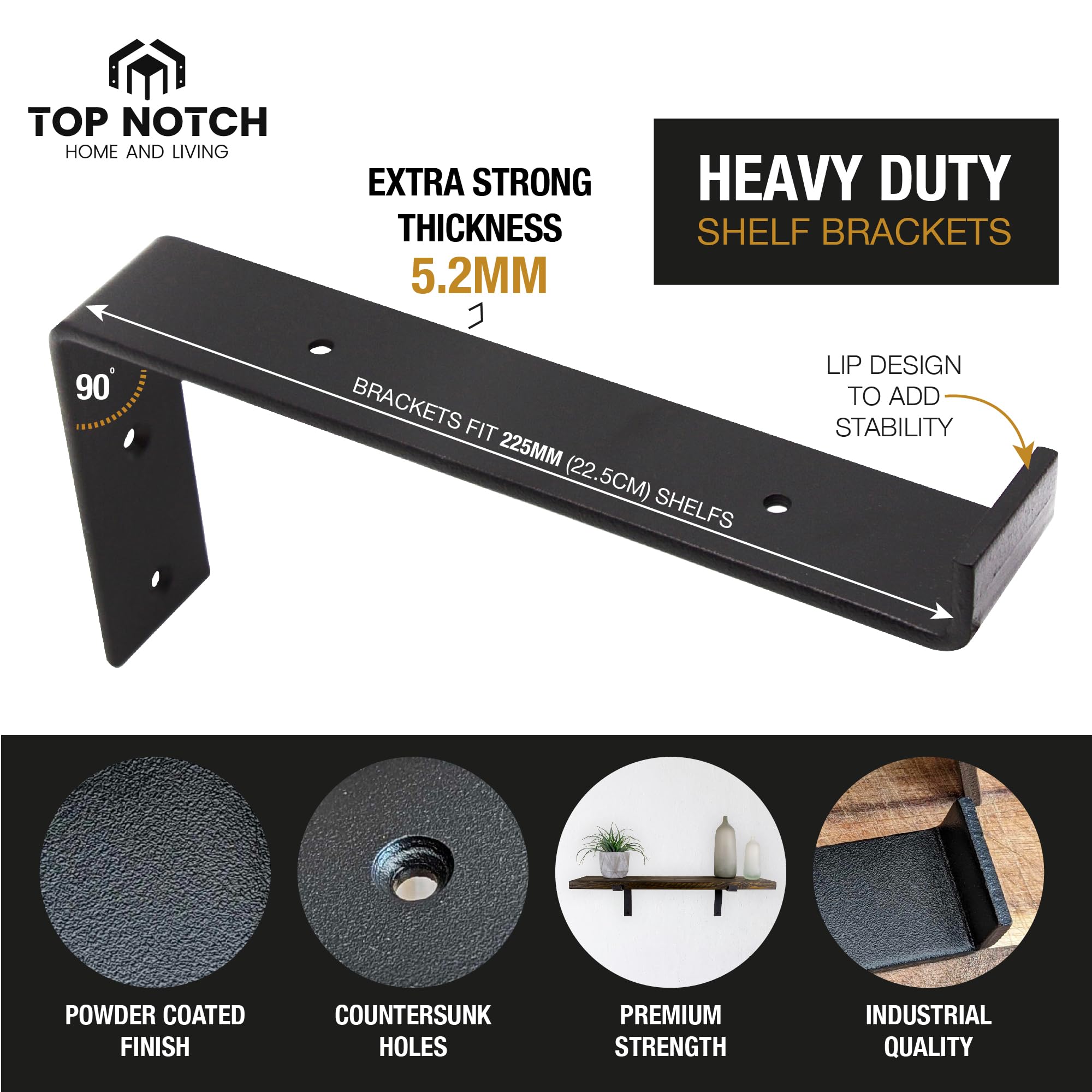 Top Notch Home and Living Heavy Duty Metal Shelf Brackets, Black, Pack of 2 Down Brackets - Image 2