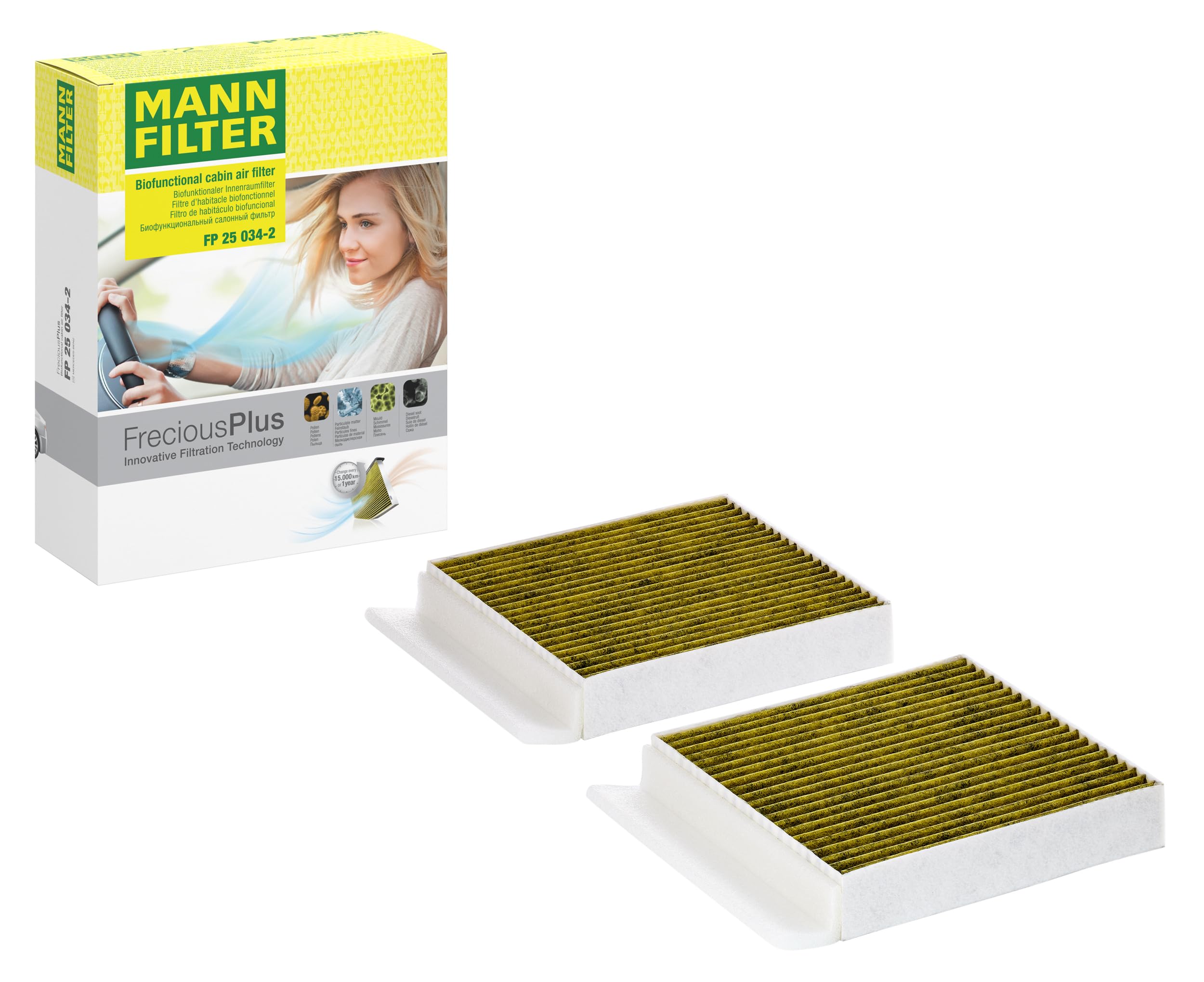 MANN-FILTER FP 25 034-2 Innenraumfilter / Kabinenluftfilter - FreciousPlus Biofunktionaler Pollenfilter - (2er Set) für Pkw + Transporter | Fp 25 034-2 Kompatibel mit Eqe (V295),EQE Suv (X294),EQS (V297),EQS Suv (X296),S-Klasse (V223),S-Klasse (W223),S-Kl