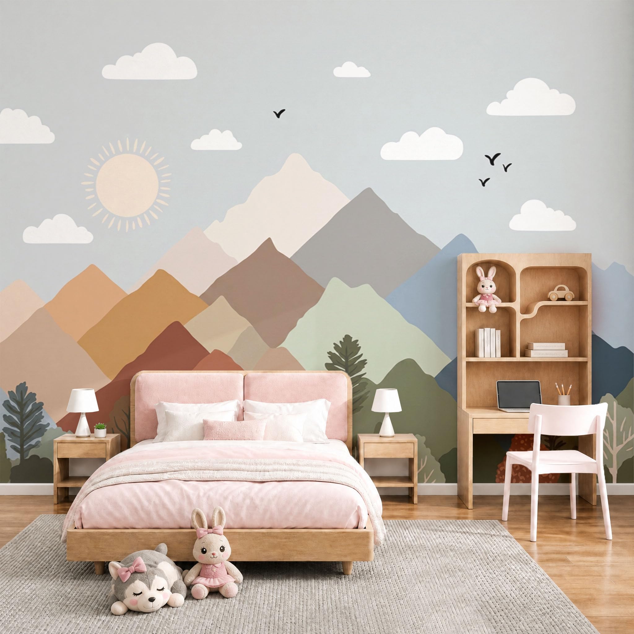Paysage de dessin animé montagne et papier peint panoramique géant pour chambre bébé