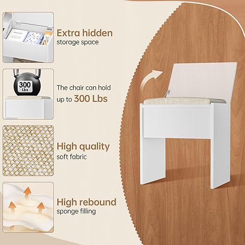 Miniatura 44 de Greenvelly Escritorio de maquillaje blanco con espejo, maquillaje de madera con 3 modos de iluminación, 2 cajones espaciosos y 6 compartimentos de