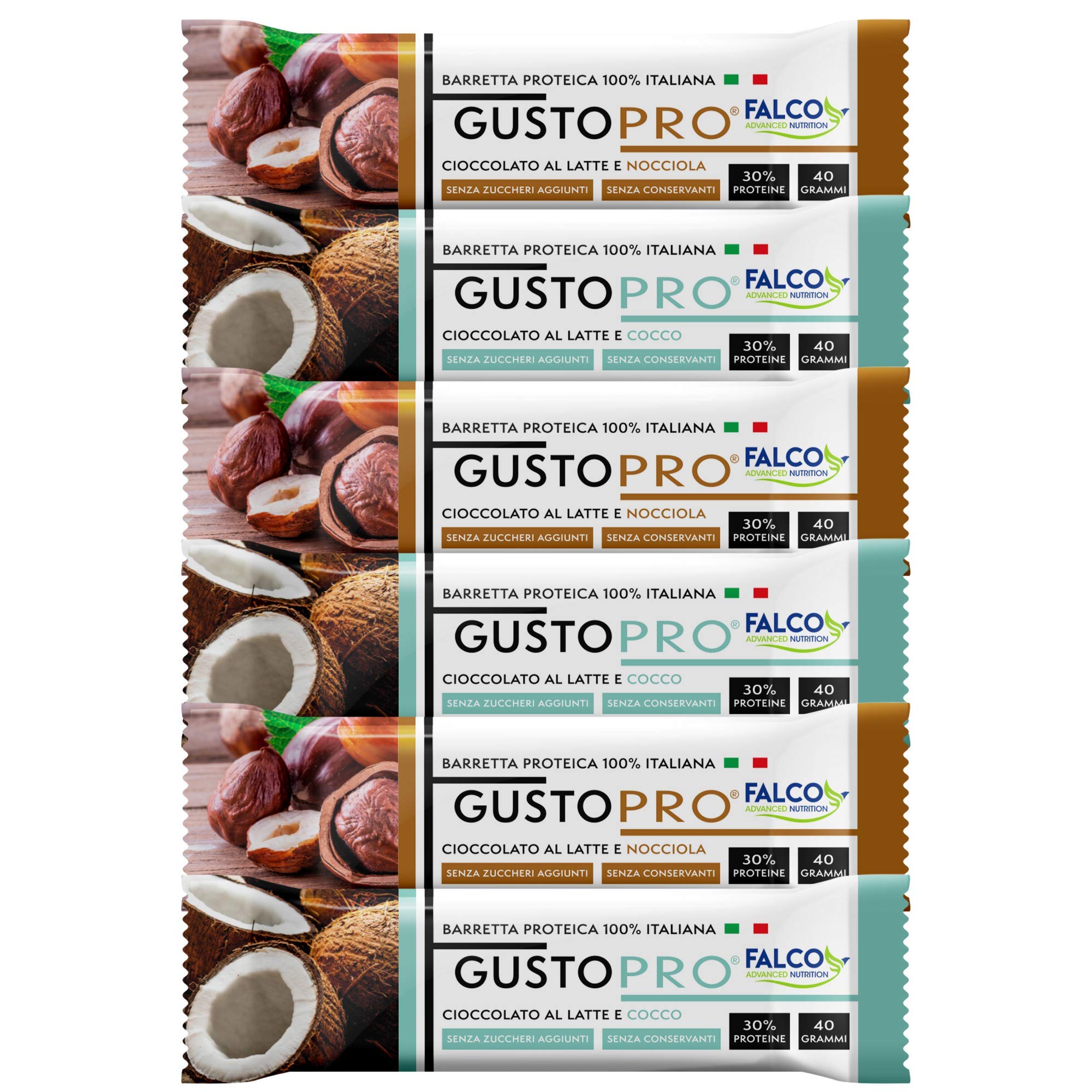GUSTOPRO BOX LATTE 24 – Barrette Proteiche Senza Zucchero, Croccante, Puro Cioccolato al Latte con Cocco/Nocciola, 30% di Proteine Del Siero del Latte (Whey Protein) (24x40g) (12 per gusto)