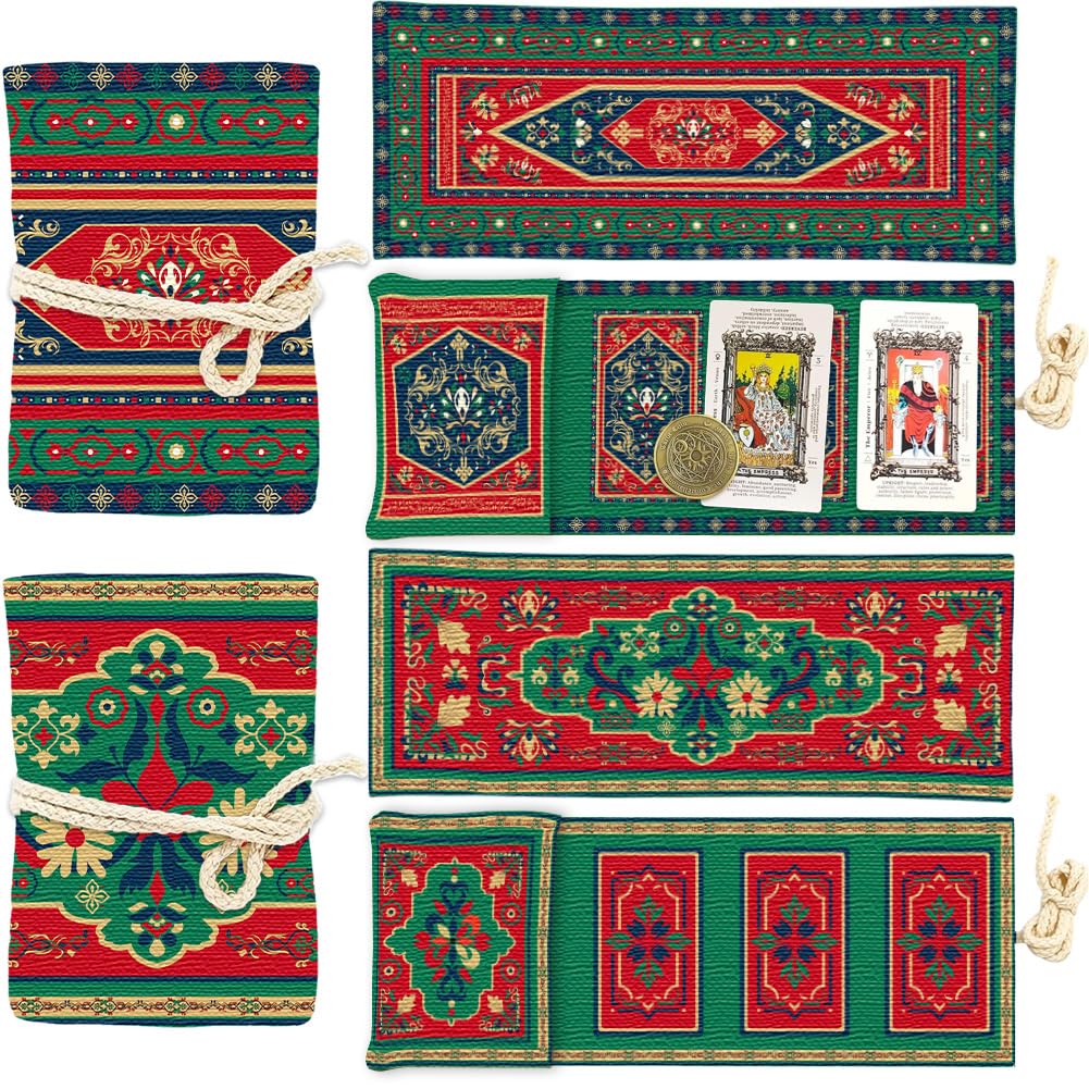 PRESSINART 2Pcs 2 Style Tarot Card Holder Bag 6.3 x 5.1 Inch Small Tarot Pouch Green and Red Vintage Pattern Cloth Deck Wrap Storage Sleeve for Oracle Cards Divination Supplies Reading Accessories