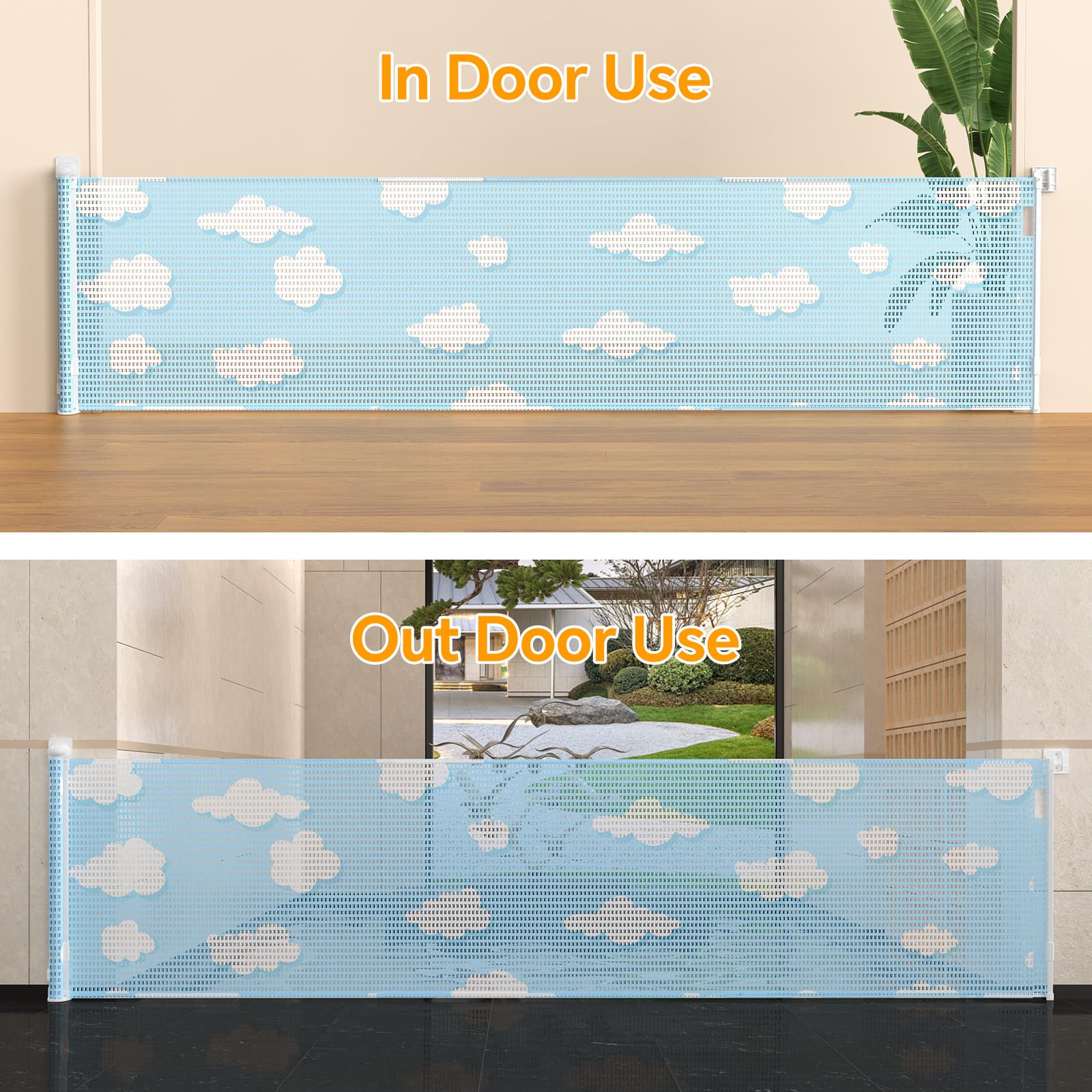 120 Inch Extra Wide Retractable Baby gate with Charm Cloud Indoor/Outdoor Stairs Large Opening Perfect for Kids and pet