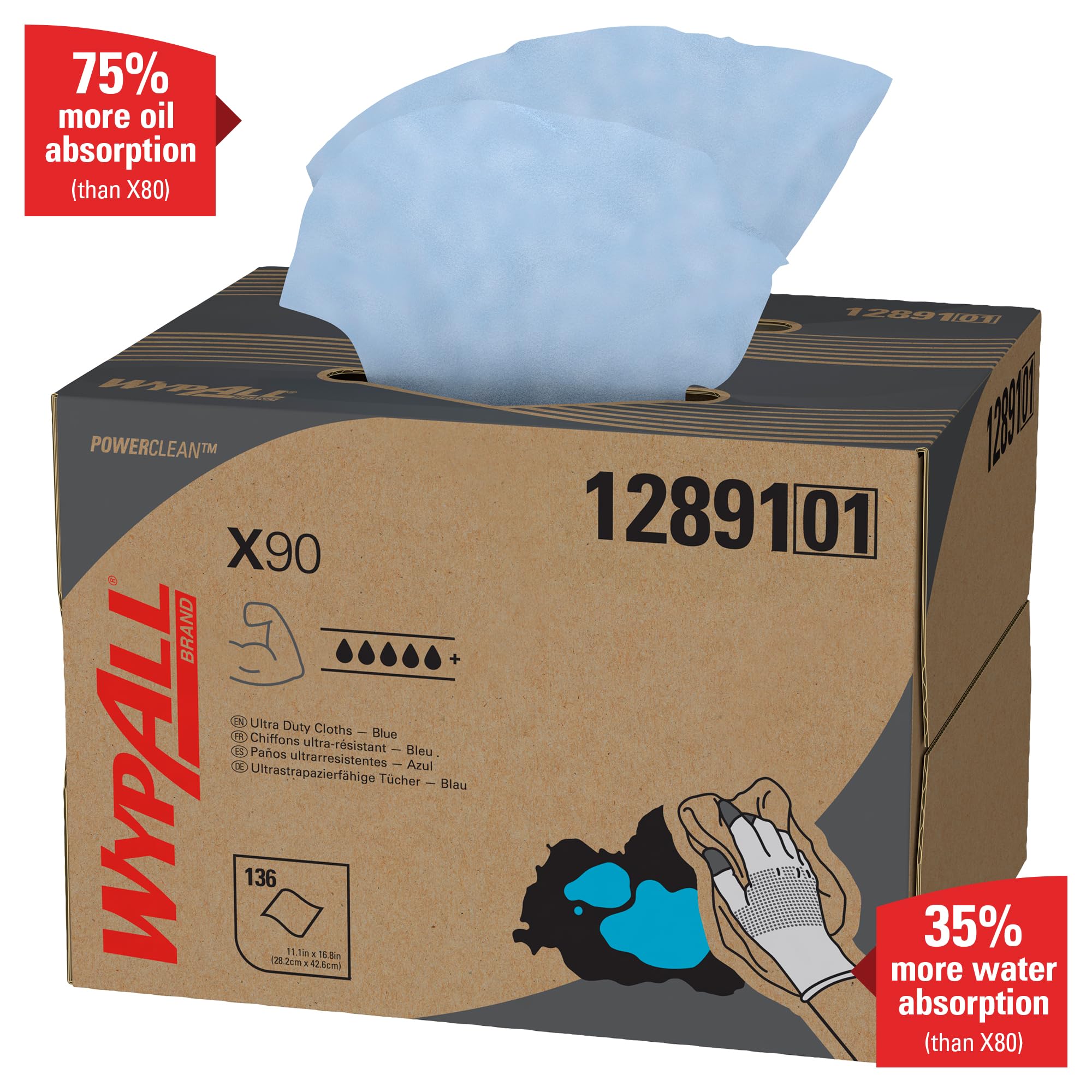 Chiffons WypAll X90 Power Clean 12891 - 1 boîte distributrice BRAG de 136 chiffons bleus, 2 épaisseurs