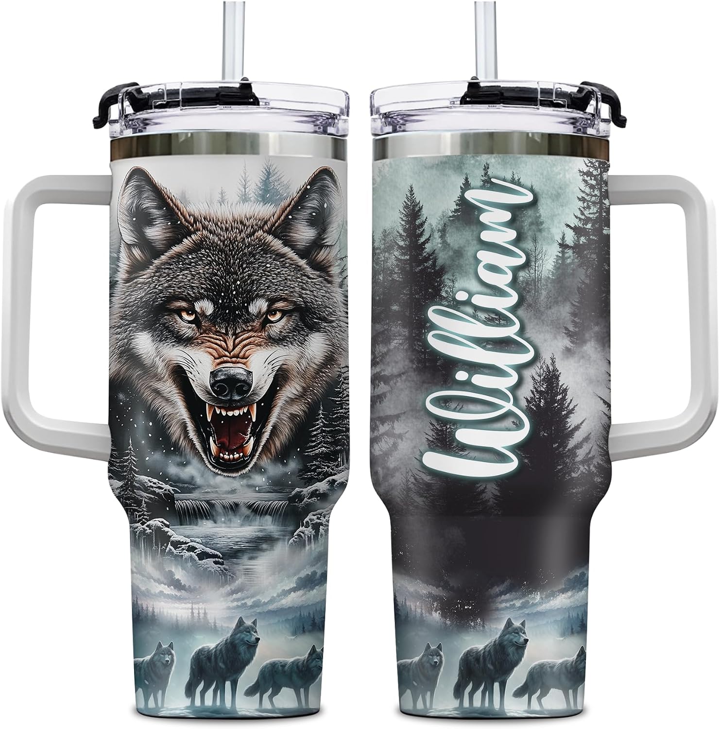 Hyturtle Personalized Wolf 40oz Tumbler with Handle and Straw Gifts for Him Men Women, Wolf Themed Gifts for Animal Lovers on Birthday Father's Day Custom Name Stainless Steel Travel Cup With Lid