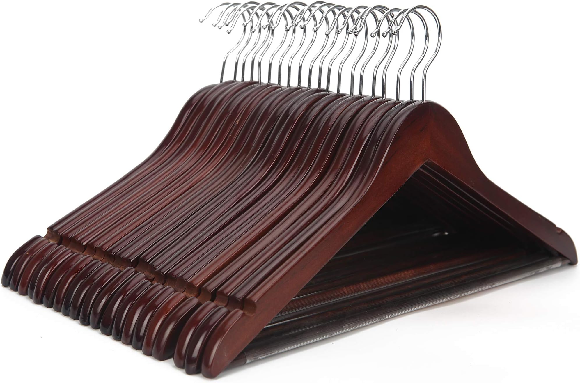 Wooden Coat Hangers, 20 Pack High Grade 17.5 Inch Wood Suit Hangers with Non Slip Pant Bar - Extra Smooth and Splinter Free Walnut Finish Wooden Suit Hangers for Closet Organization