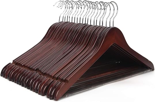 JS HANGER Wooden Coat Hangers, 20 Pack High Grade 17.5 Inch Wood Suit Hangers with Non Slip Pant Bar - Extra Smooth and Splinter Free Walnut Finish Wooden Suit Hangers for Closet Organization