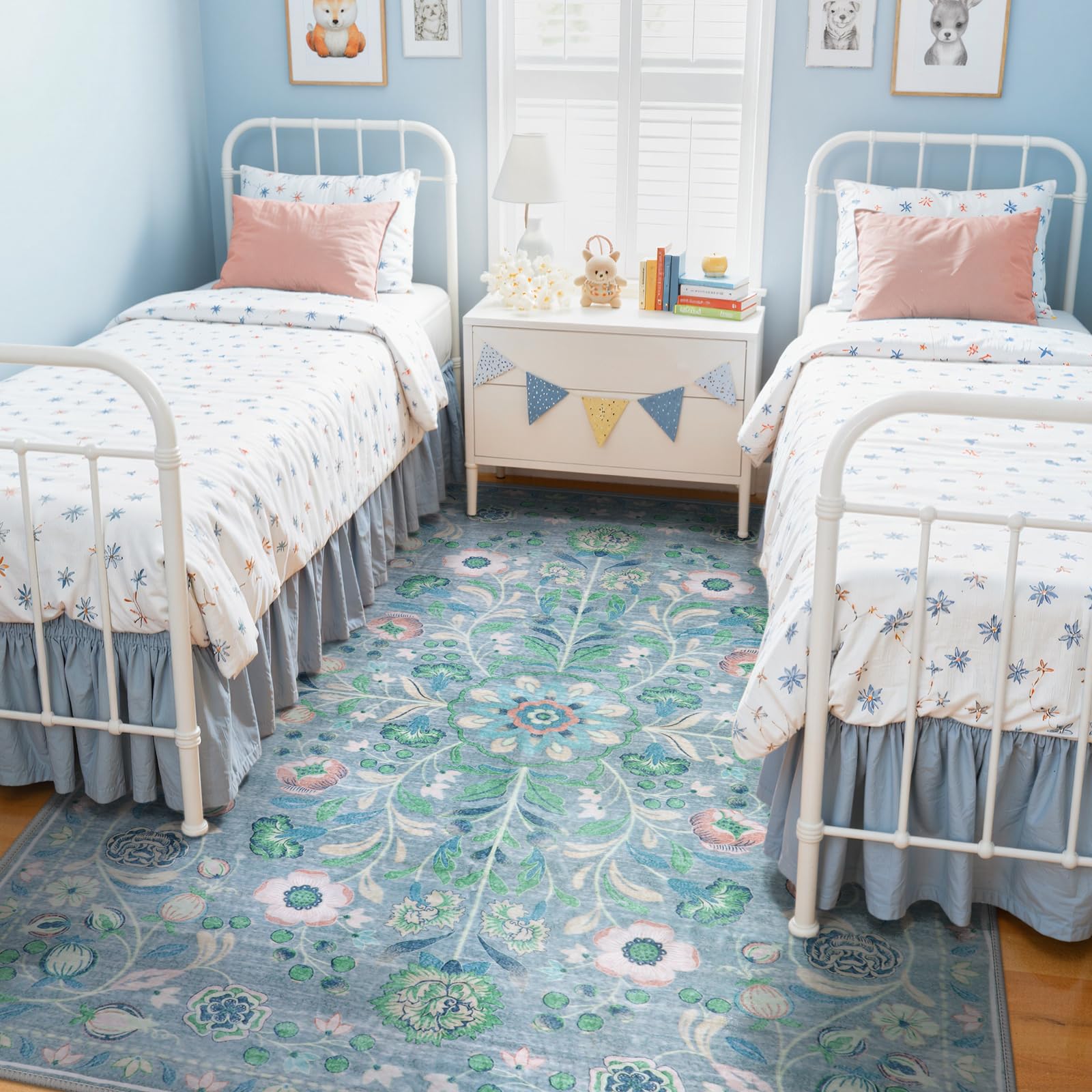 Anidaroel Blue Floral Rugs for Living Room 8x10, Washable Boho Area Rugs for Bedroom Vintage Soft Nursery Rug, Non-Slip Stain Resistant Dining Room