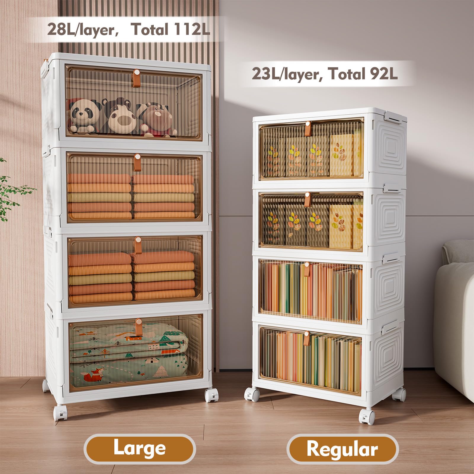 TidyTrove Aufbewahrungsboxen mit Deckel, Kunststoff-Aufbewahrungsboxen mit 1 Deckel, 23 l/Ebene, 4-stöckige stapelbare Behälter mit Rollen, faltbare Aufbewahrungskörbe, Aufbewahrungs-Organizer für