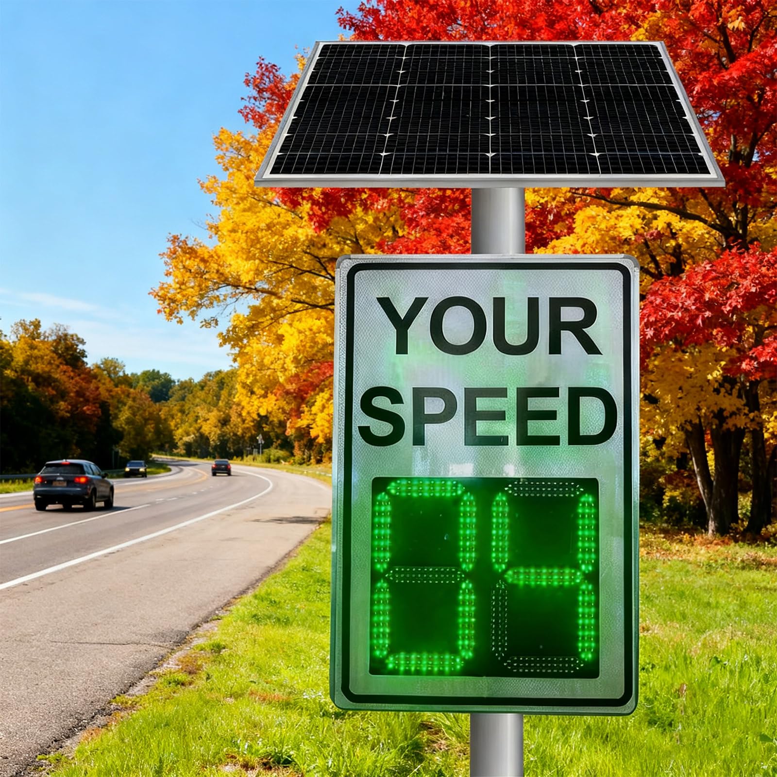 Cartel de Velocidad con Radar Solar – Panel de Visualización Inalámbrico de 60x90 cm con Retroalimentación Instantánea, Control Remoto, Detección de 200 m y Protección IP65