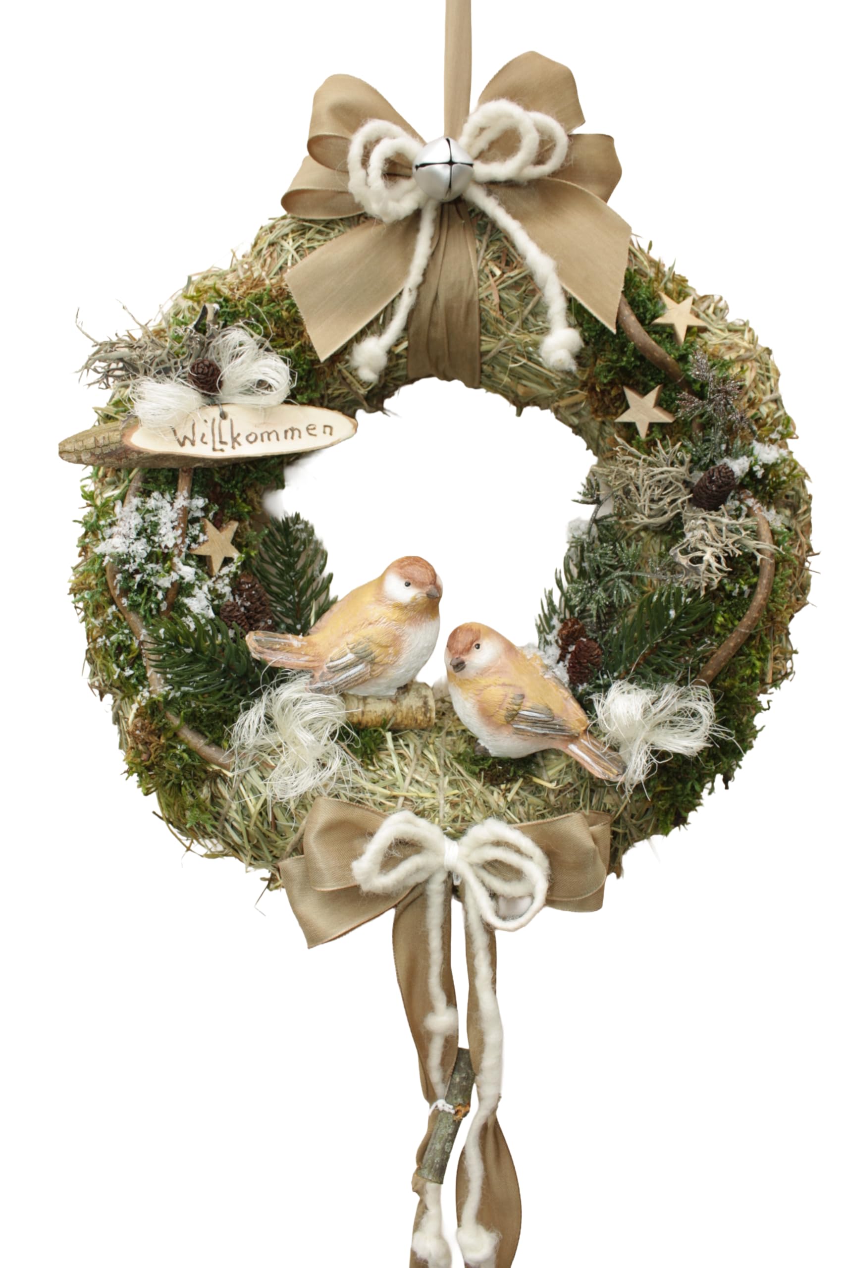 Türkranz D32 cm mit Zwei Vögel beige Taupe weiß Winter