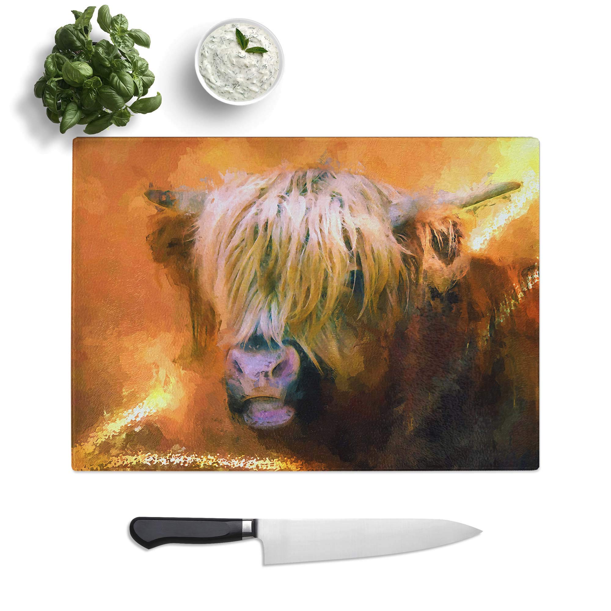 Glass Chopping Board - Portrait of a Highland Cow in Abstract - Textured Worktop Saver Cutting Board - Heat Resistant, Shatterproof and Hygenic - 39 x 28.5 cm